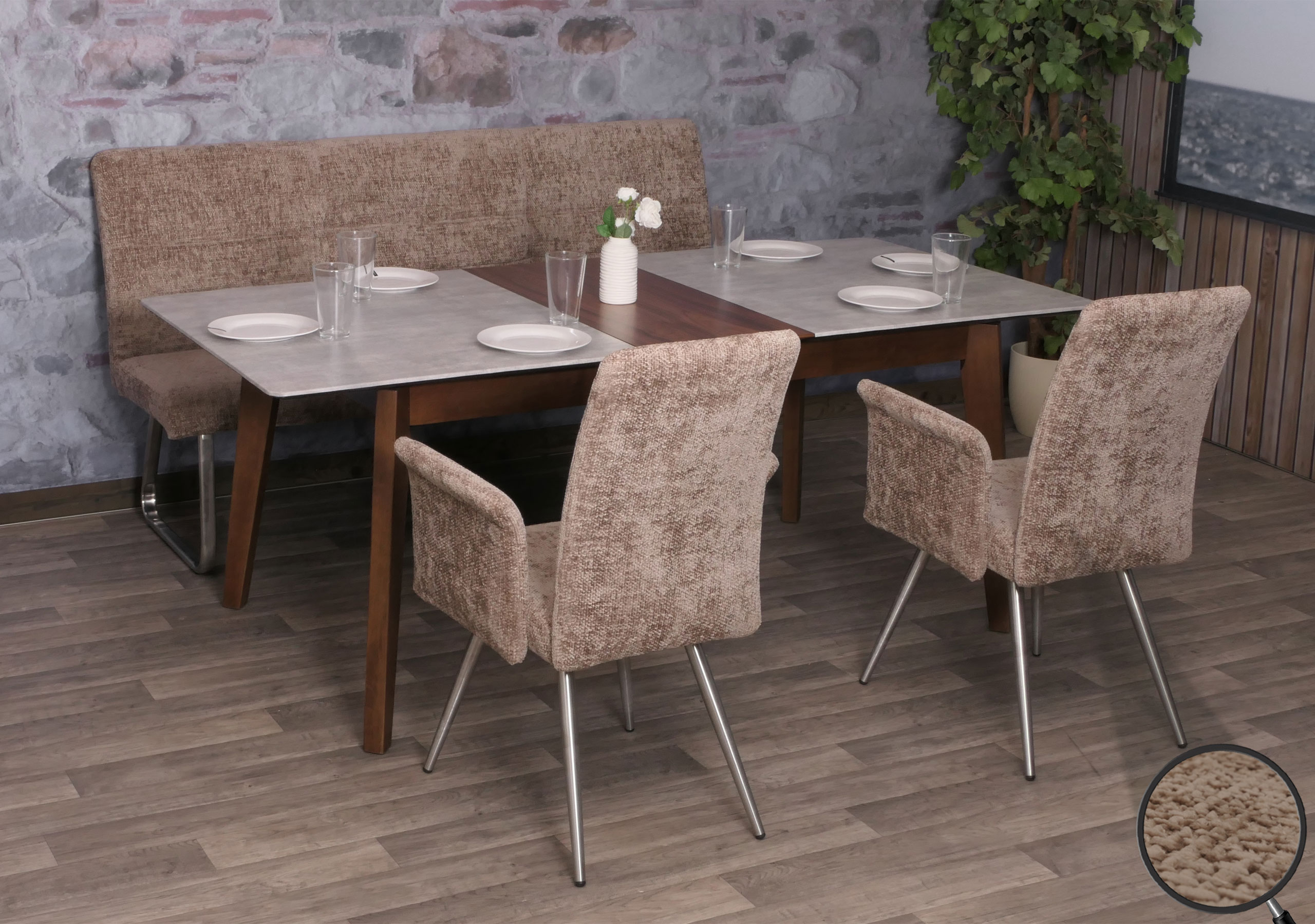 Esszimmer-Set MCW-G55, 2er-Set Stuhl mit Armlehne+Sitzbank 180cm, Edelstahl geb&uuml;rstet Stoff/Textil Chenille ~ braun - Bild 1