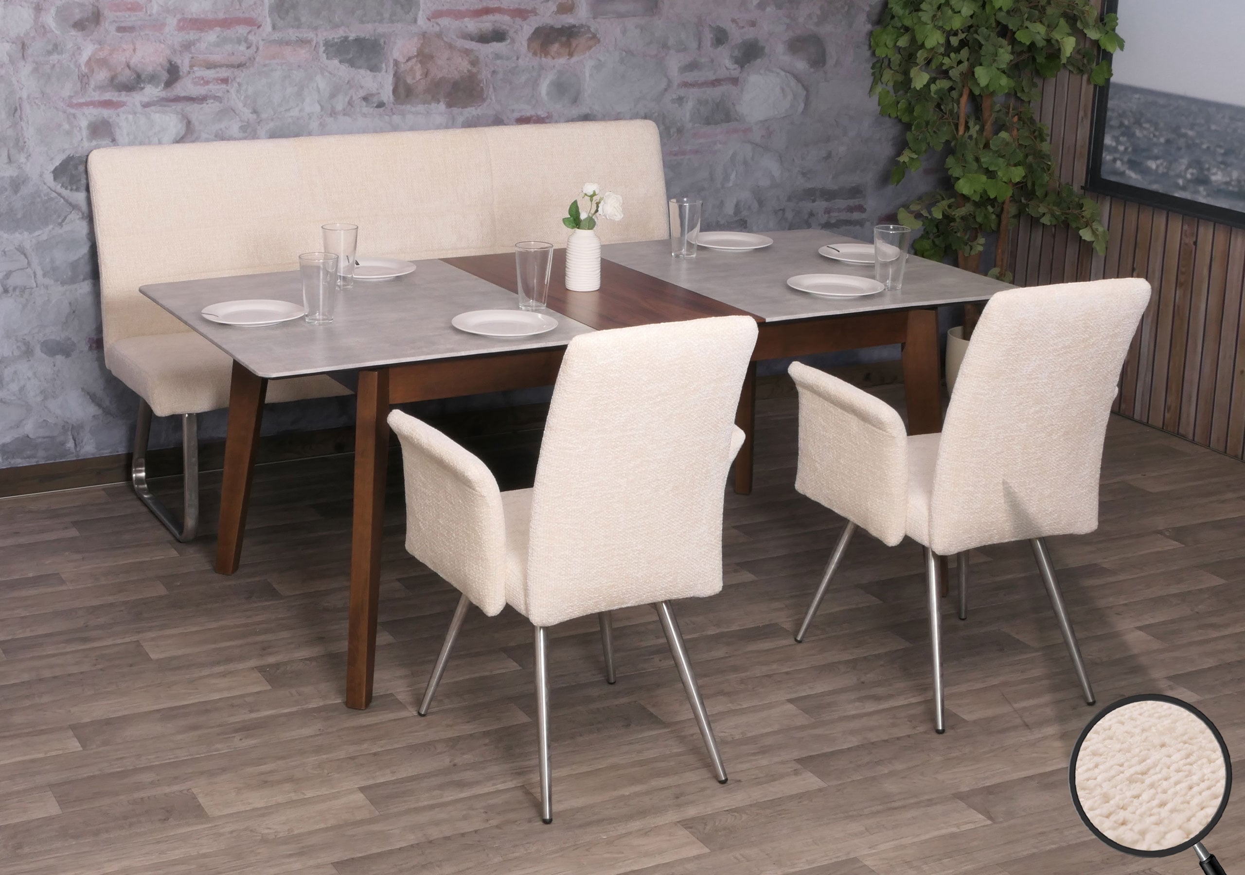 Esszimmer-Set MCW-G55, 2er-Set Stuhl mit Armlehne+Sitzbank 180cm, Edelstahl geb&uuml;rstet Stoff/Textil Chenille ~ creme - Bild 1