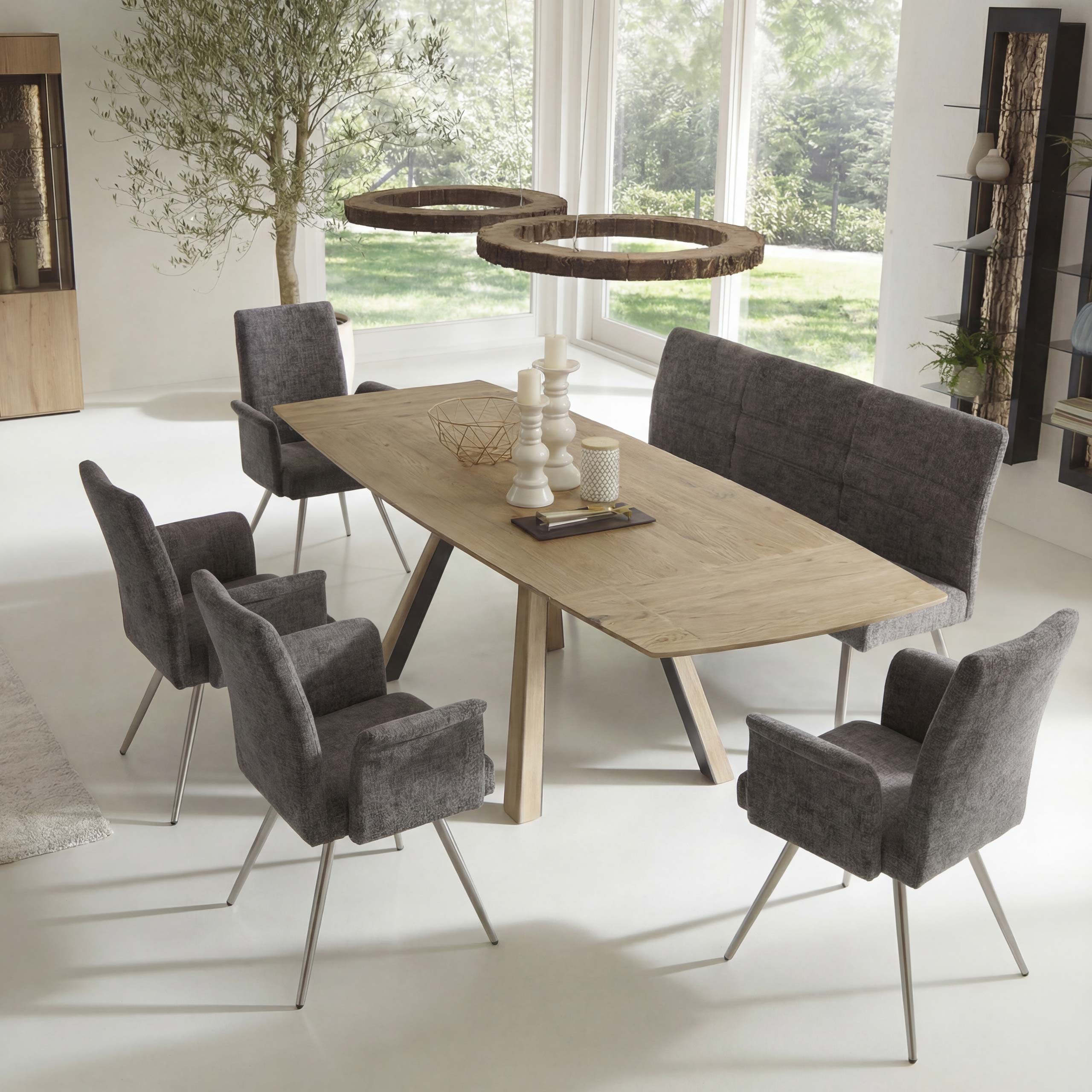 Esszimmer-Set MCW-G55, 4er-Set Stuhl mit Armlehne+Sitzbank 180cm, Edelstahl geb&uuml;rstet Stoff/Textil Chenille ~ dunkelgrau - Bild 1