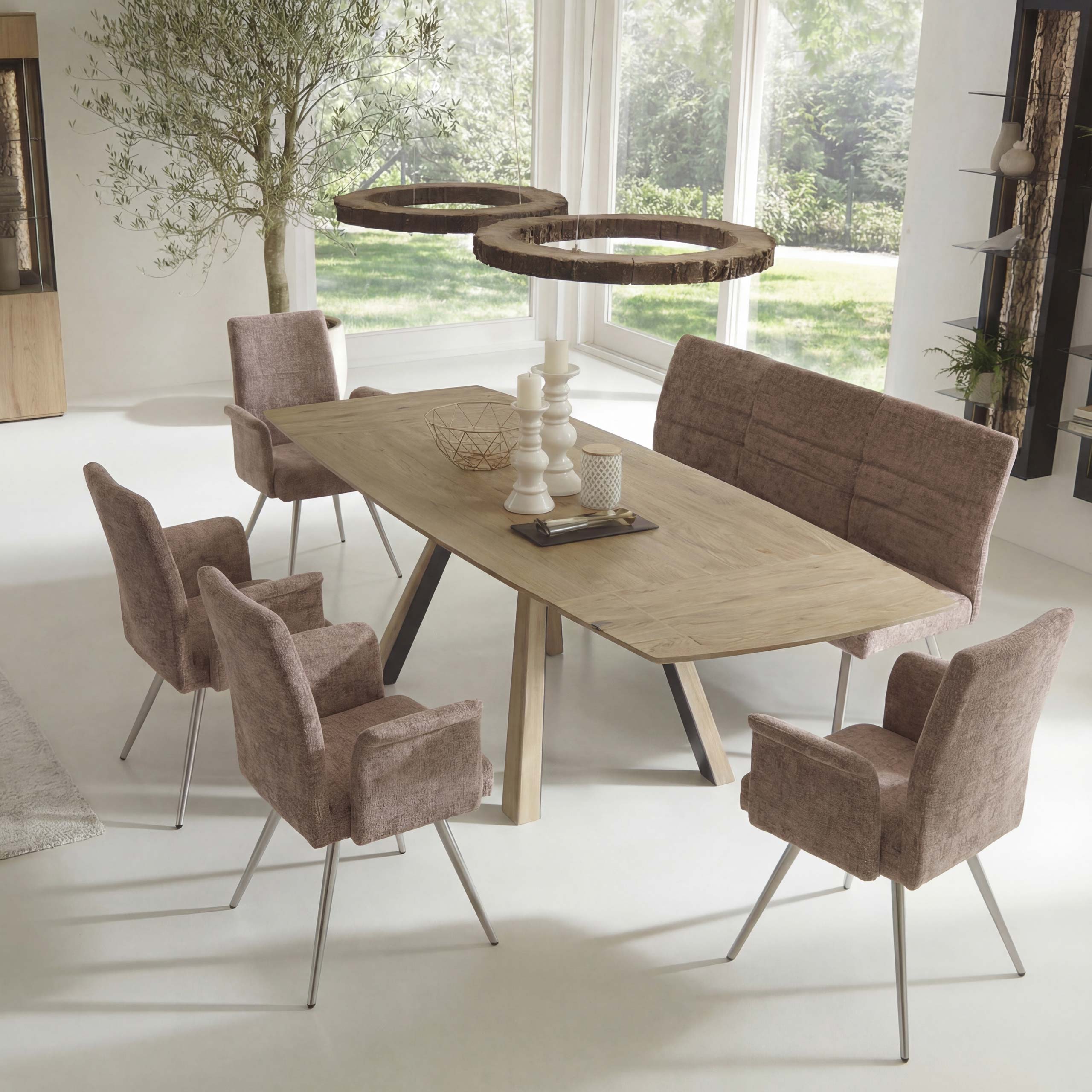 Esszimmer-Set MCW-G55, 4er-Set Stuhl mit Armlehne+Sitzbank 180cm, Edelstahl geb&uuml;rstet Stoff/Textil Chenille ~ braun - Bild 1