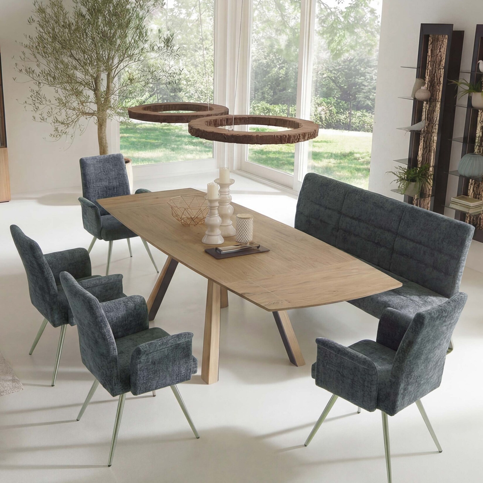 Esszimmer-Set MCW-G55, 4er-Set Stuhl mit Armlehne+Sitzbank 180cm, Edelstahl gebürstet Stoff/Textil Chenille ~ blau-grün