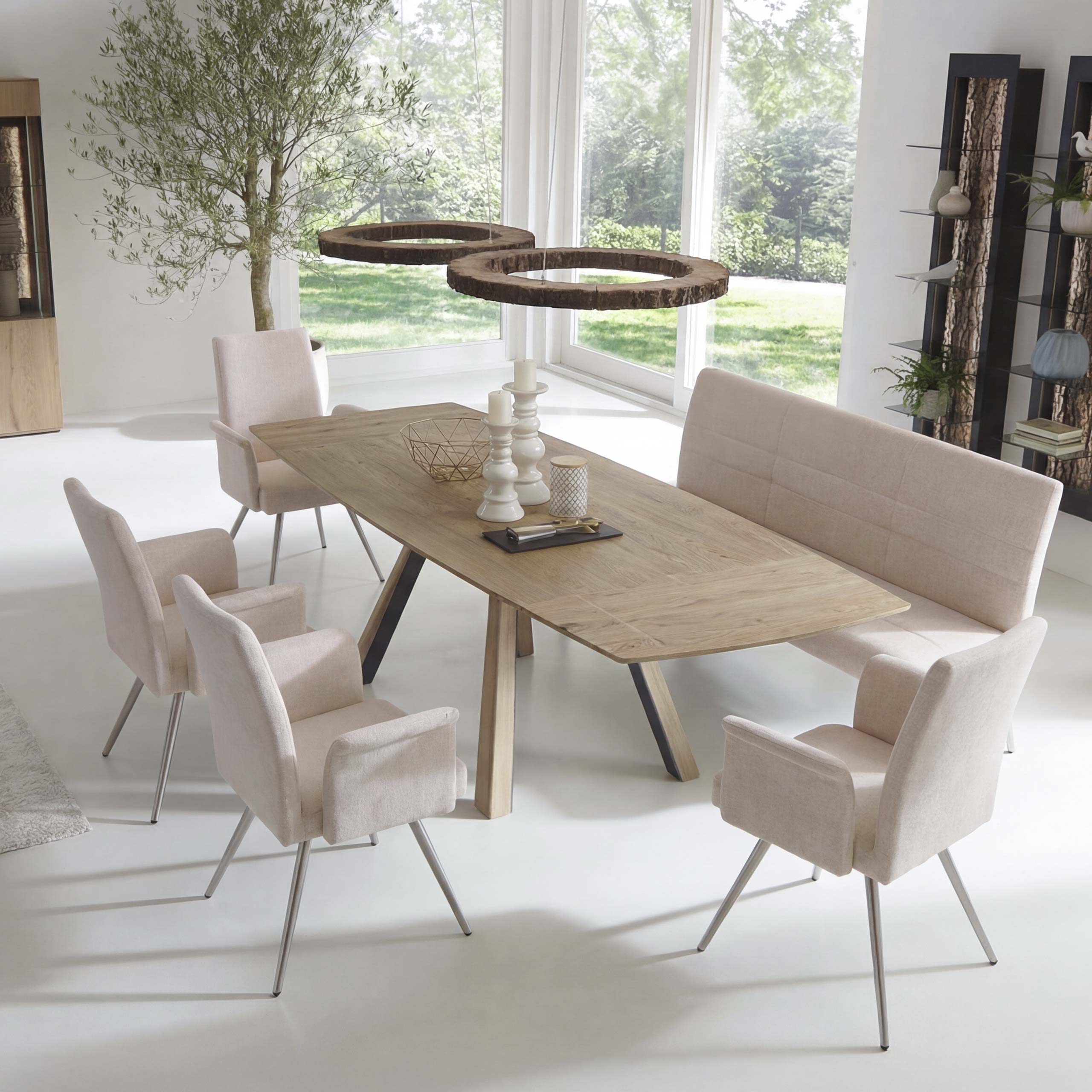 Esszimmer-Set MCW-G55, 4er-Set Stuhl mit Armlehne+Sitzbank 180cm, Edelstahl geb&uuml;rstet Stoff/Textil Chenille ~ creme - Bild 1