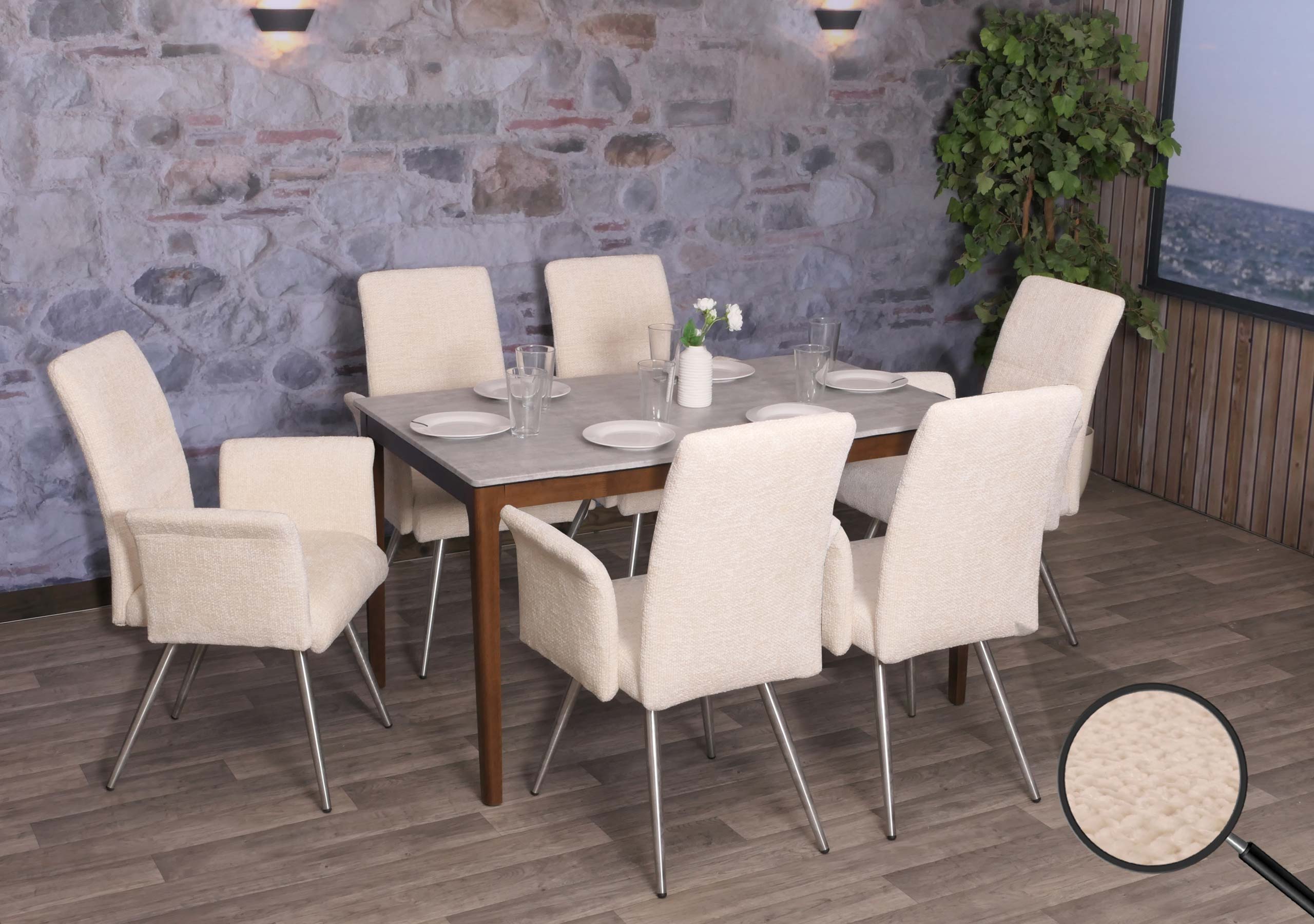 6er-Set Esszimmerstuhl MCW-G55, K&uuml;chenstuhl Stuhl mit Armlehne, Edelstahl geb&uuml;rstet Stoff/Textil Chenille &Ouml;ko-Tex ~ creme - Bild 1