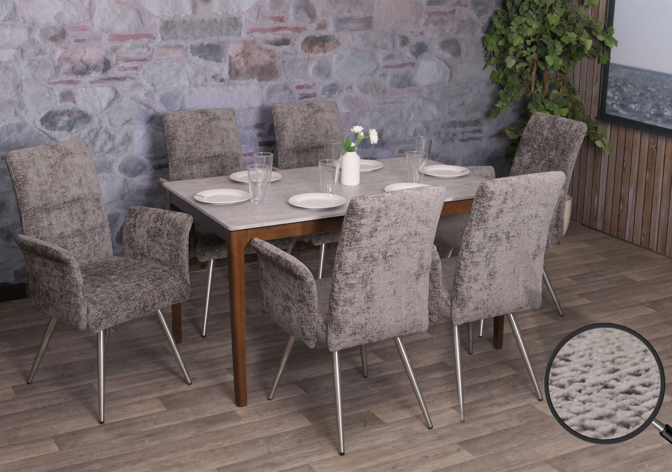 6er-Set Esszimmerstuhl MCW-G55, K&uuml;chenstuhl Stuhl mit Armlehne, Edelstahl geb&uuml;rstet Stoff/Textil Chenille &Ouml;ko-Tex ~ dunkelgrau - Bild 1