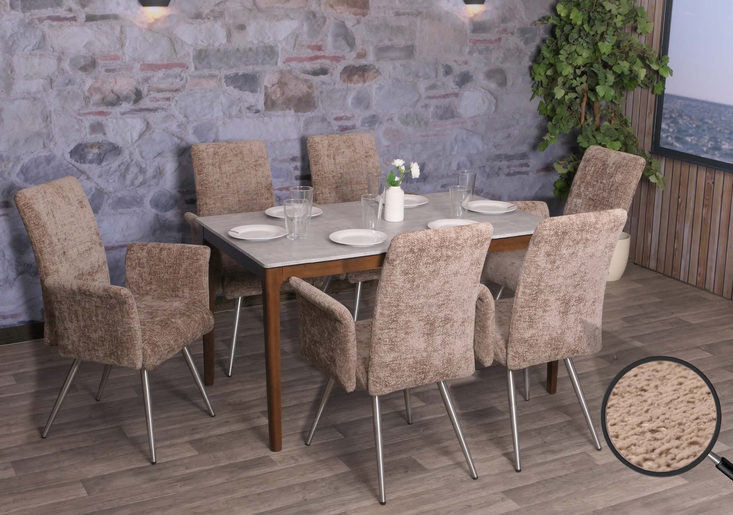 6er-Set Esszimmerstuhl MCW-G55, K&uuml;chenstuhl Stuhl mit Armlehne, Edelstahl geb&uuml;rstet Stoff/Textil Chenille &Ouml;ko-Tex ~ braun - Bild 1