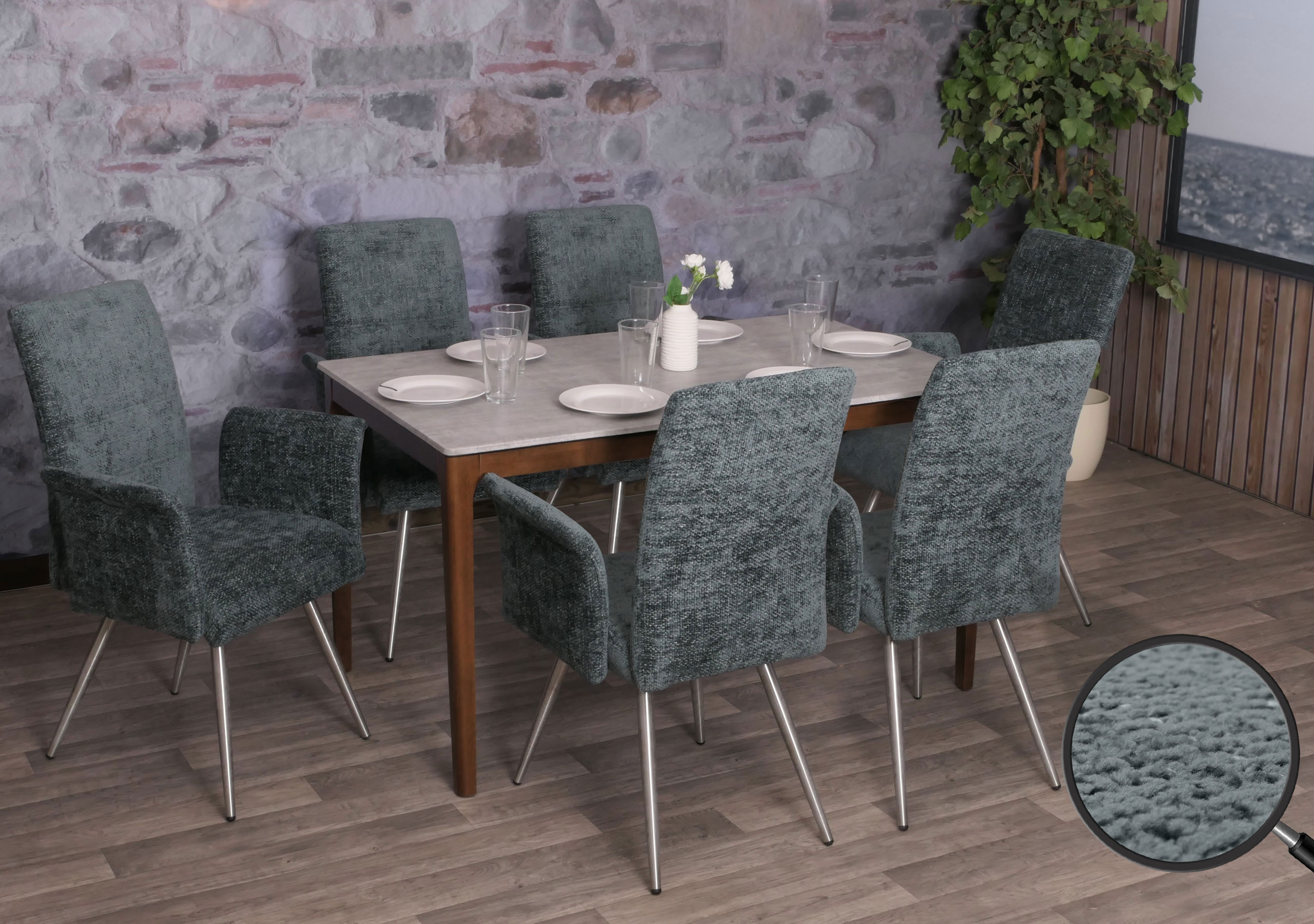 6er-Set Esszimmerstuhl MCW-G55, K&uuml;chenstuhl Stuhl mit Armlehne, Edelstahl geb&uuml;rstet Stoff/Textil Chenille &Ouml;ko-Tex ~ blau-gr&uuml;n - Bild 1