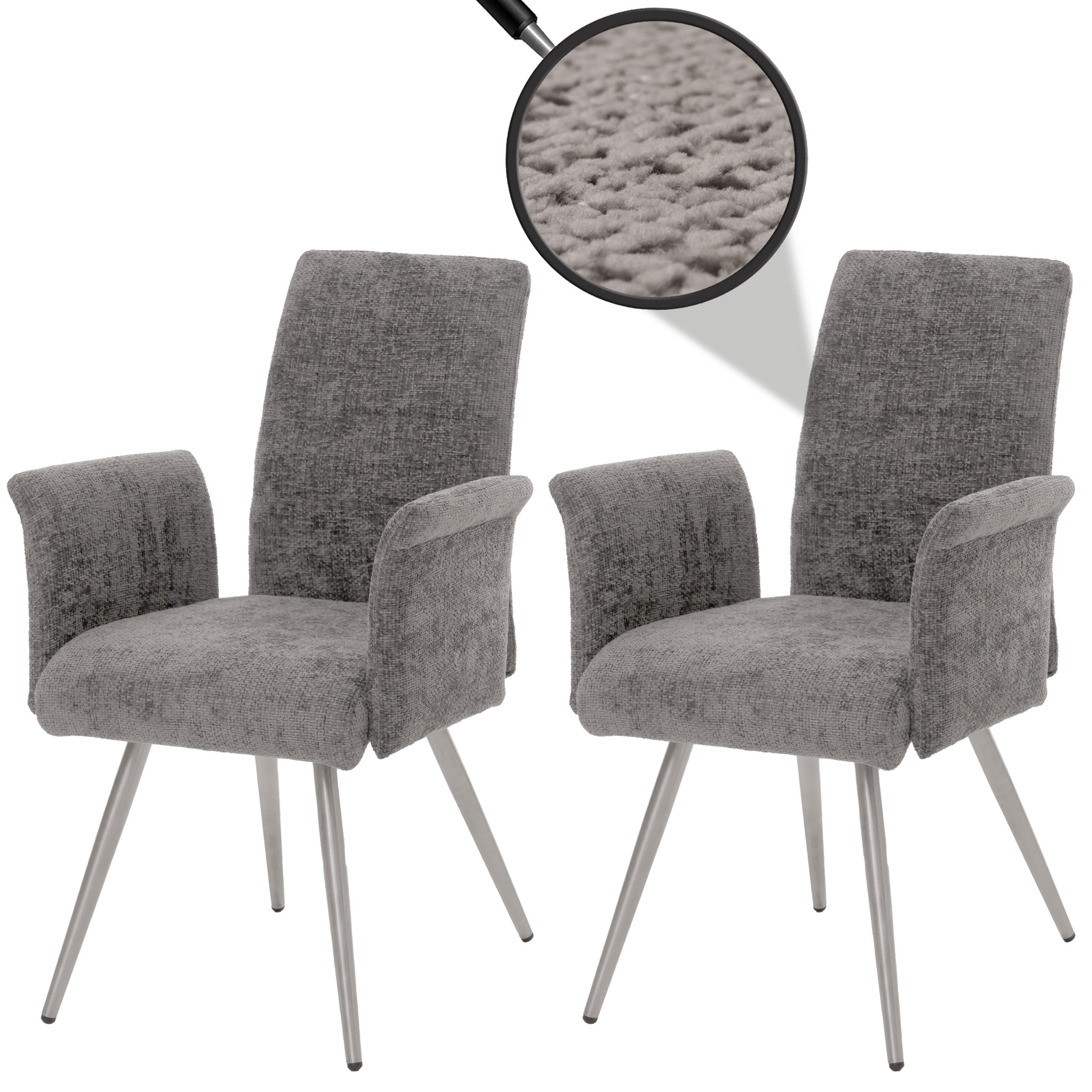 2er-Set Esszimmerstuhl MCW-G55, K&uuml;chenstuhl Stuhl mit Armlehne, Edelstahl geb&uuml;rstet Stoff/Textil Chenille &Ouml;ko-Tex ~ dunkelgrau - Bild 1