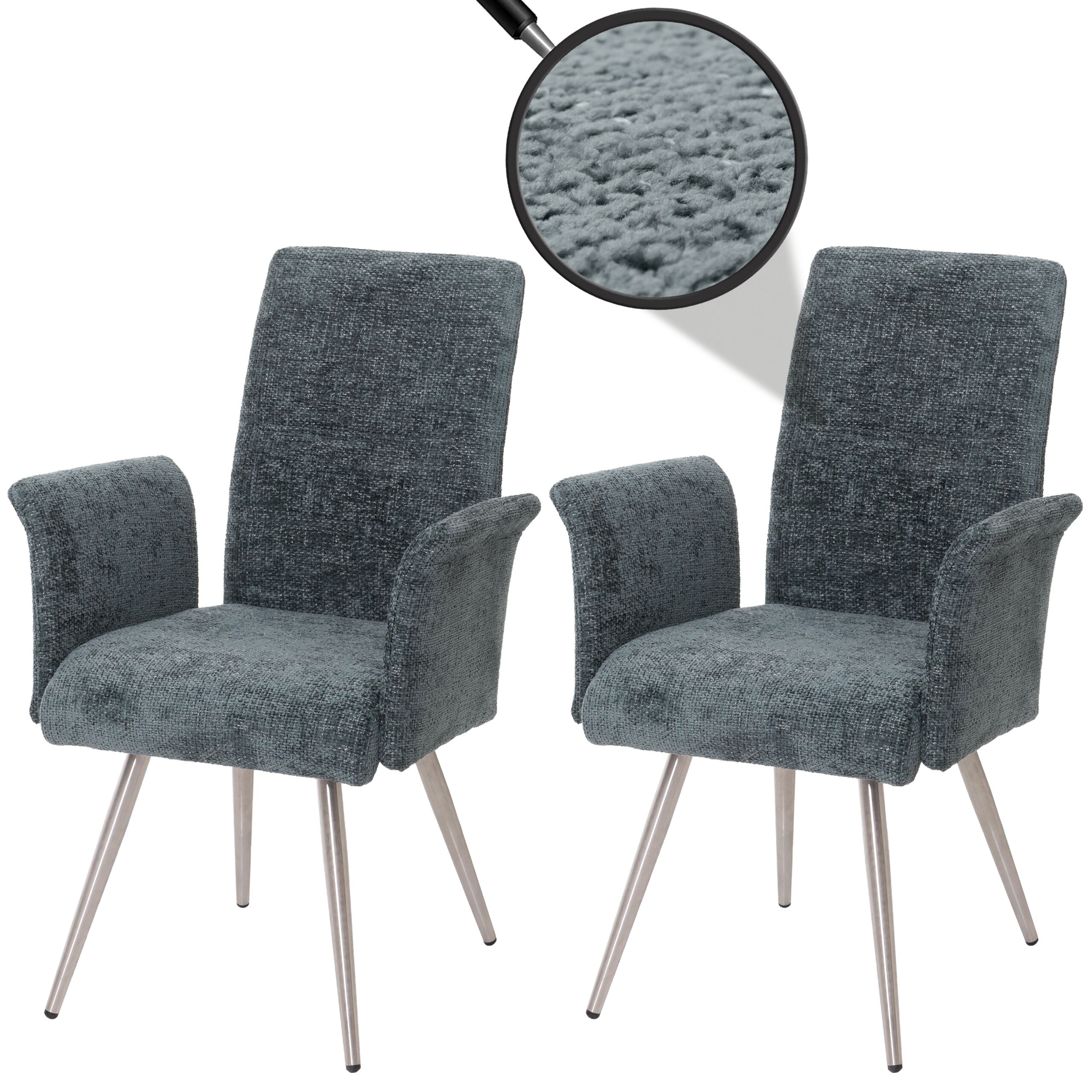 2er-Set Esszimmerstuhl MCW-G55, K&uuml;chenstuhl Stuhl mit Armlehne, Edelstahl geb&uuml;rstet Stoff/Textil Chenille &Ouml;ko-Tex ~ blau-gr&uuml;n - Bild 1