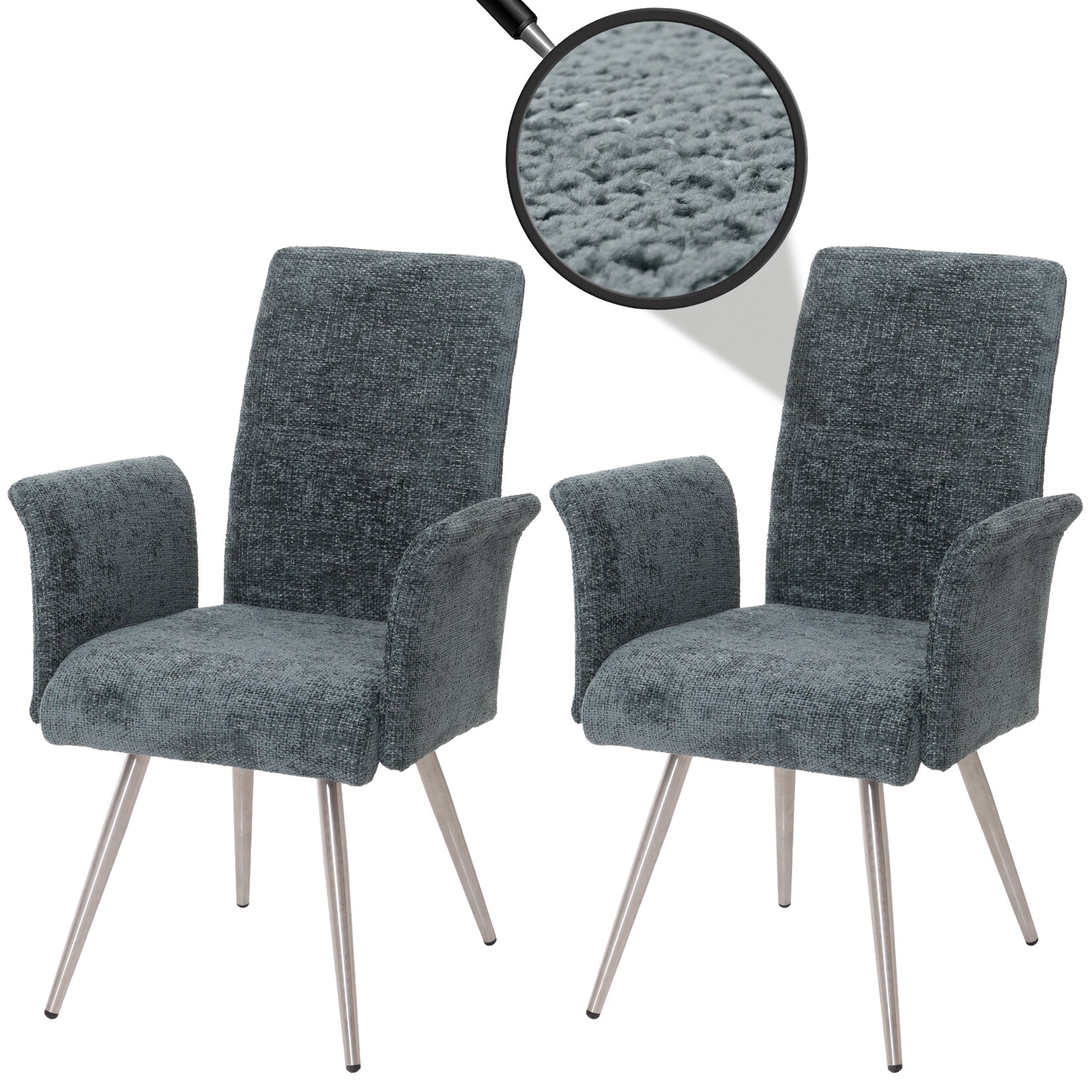 2er-Set Esszimmerstuhl MCW-G55, Küchenstuhl Stuhl mit Armlehne, Edelstahl gebürstet Stoff/Textil Chenille Öko-Tex ~ blau-grün