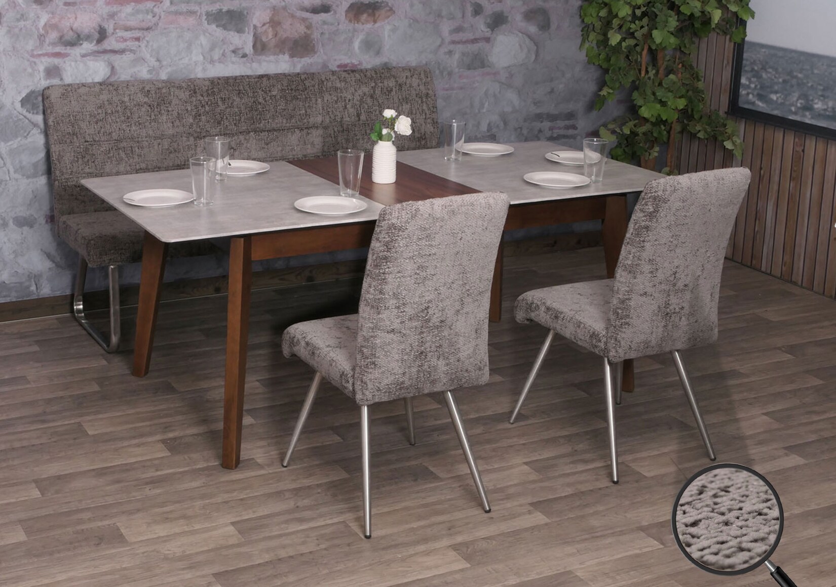 Esszimmer-Set MCW-G55, 2er-Set Stuhl + Sitzbank 180cm, Edelstahl gebürstet Stoff/Textil Chenille ~ dunkelgrau