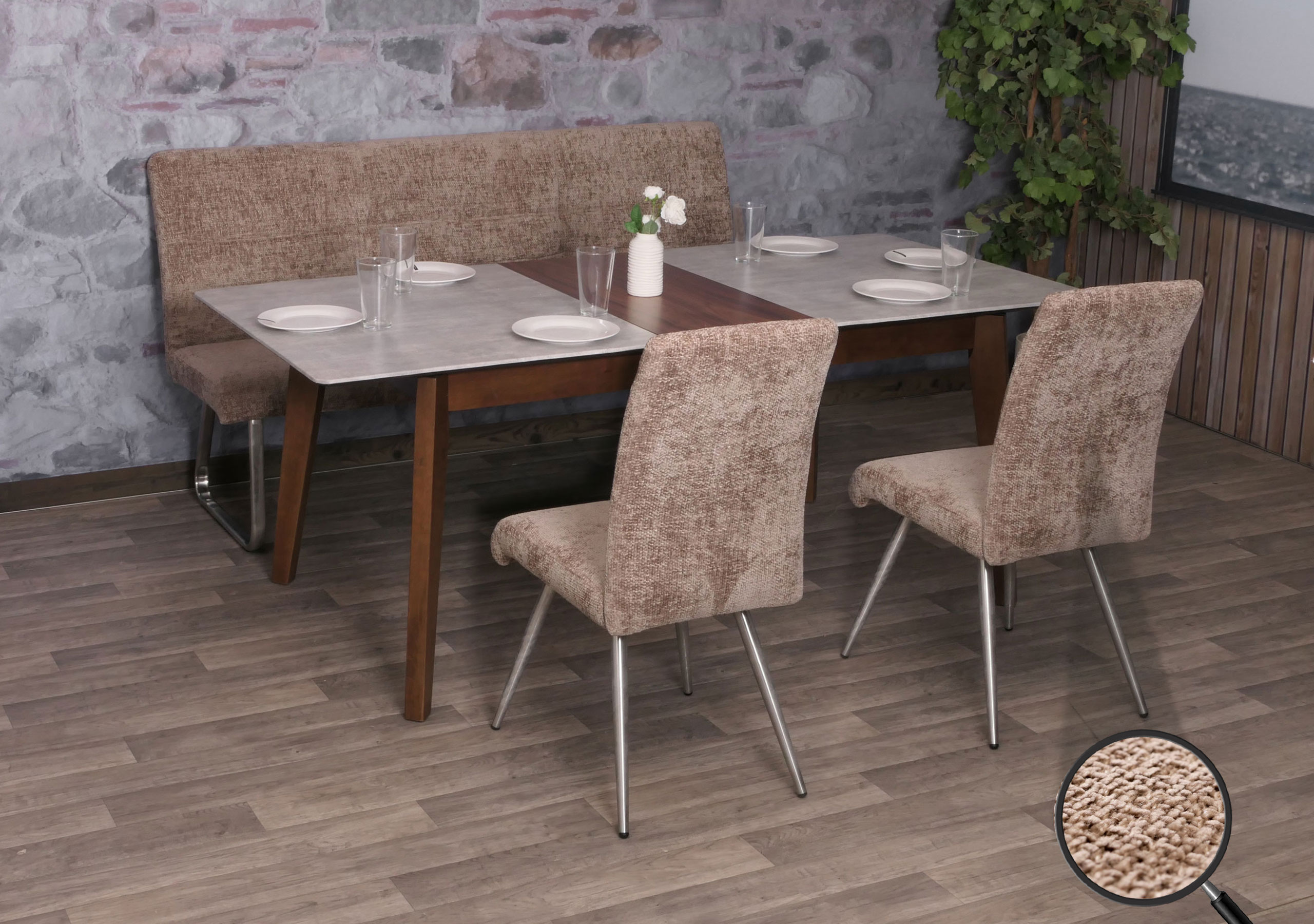 Esszimmer-Set MCW-G55, 2er-Set Stuhl + Sitzbank 180cm, Edelstahl geb&uuml;rstet Stoff/Textil Chenille ~ braun - Bild 1