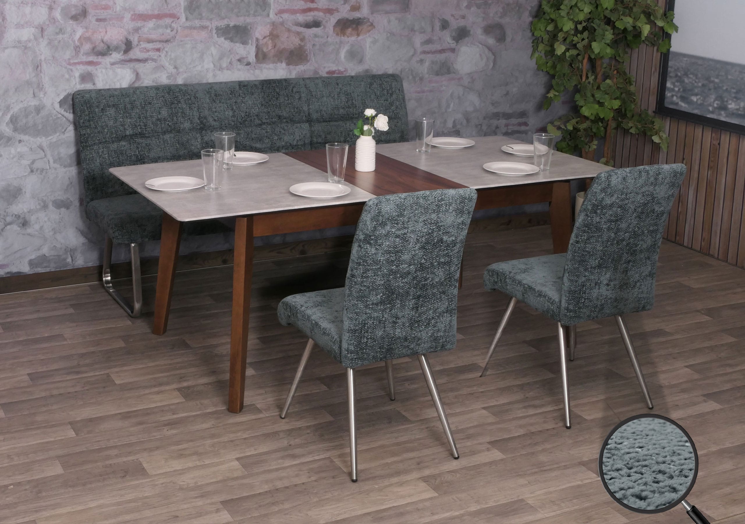 Esszimmer-Set MCW-G55, 2er-Set Stuhl + Sitzbank 180cm, Edelstahl geb&uuml;rstet Stoff/Textil Chenille ~ blau-gr&uuml;n - Bild 1