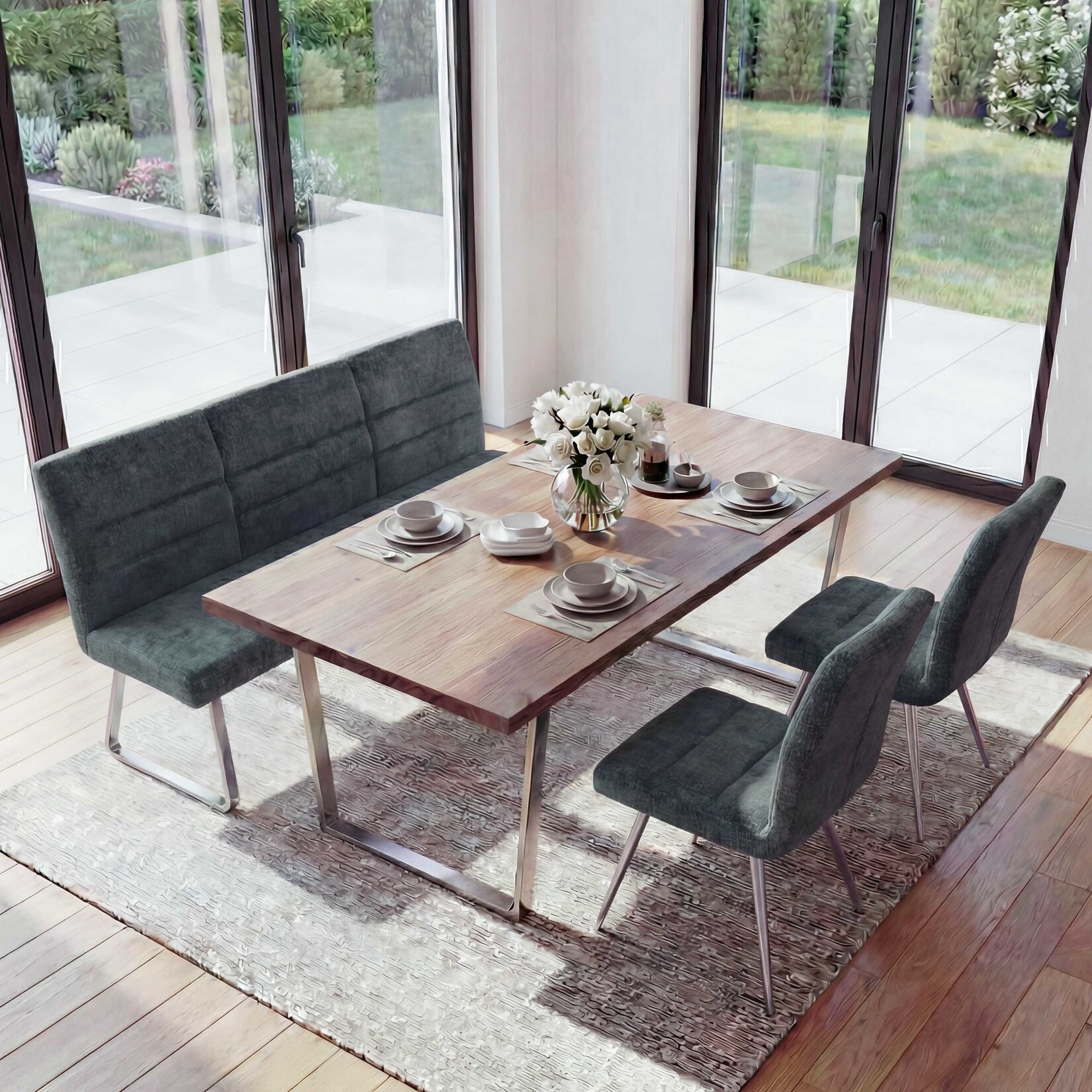 Esszimmer-Set MCW-G55, 2er-Set Stuhl + Sitzbank 180cm, Edelstahl gebürstet Stoff/Textil Chenille ~ blau-grün