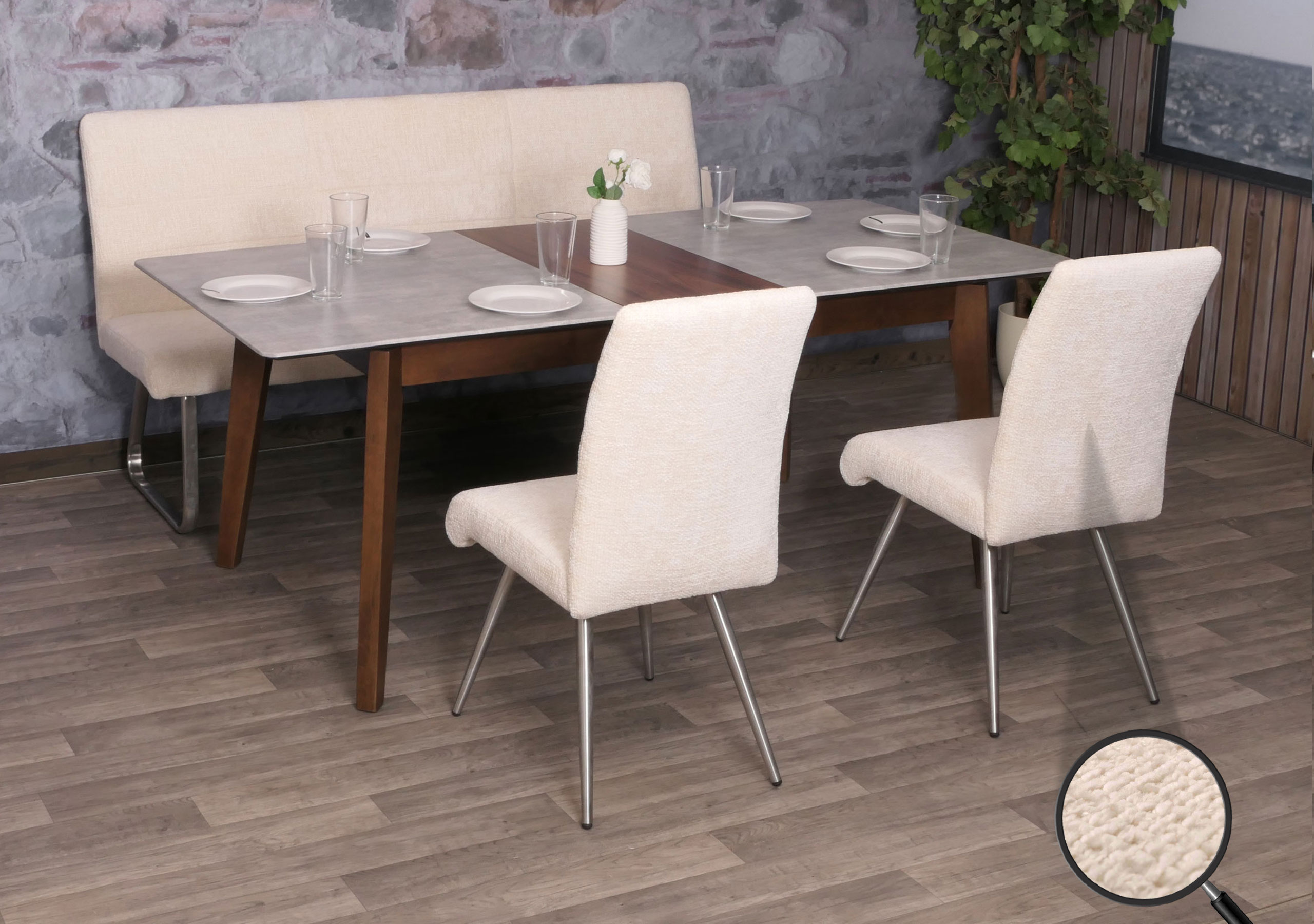 Esszimmer-Set MCW-G55, 2er-Set Stuhl + Sitzbank 180cm, Edelstahl geb&uuml;rstet Stoff/Textil Chenille ~ creme - Bild 1