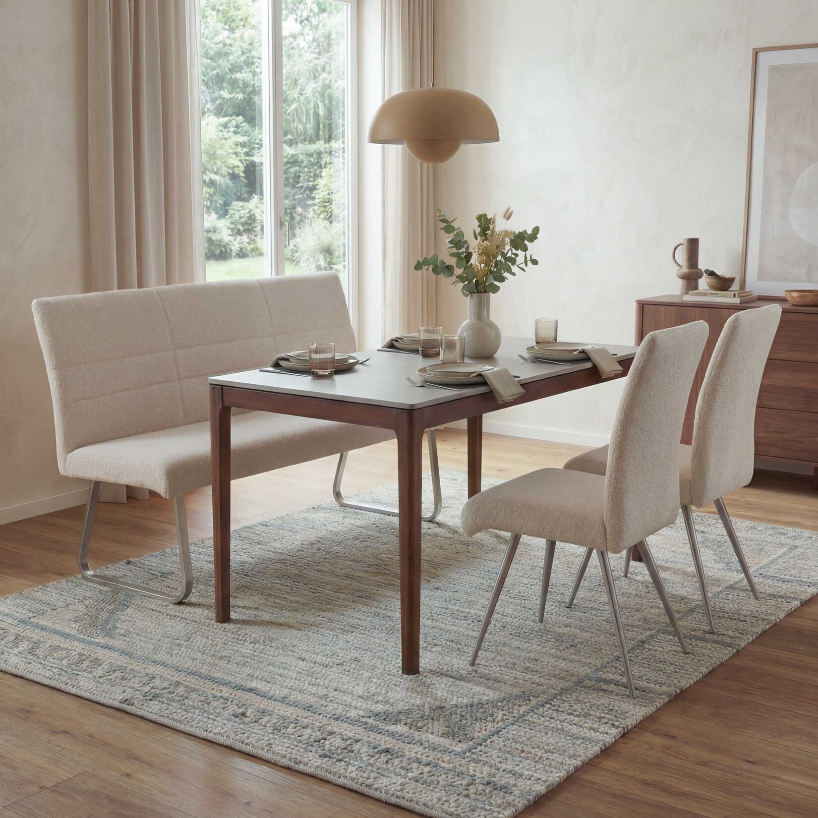 Esszimmer-Set MCW-G55, 2er-Set Stuhl + Sitzbank 180cm, Edelstahl gebürstet Stoff/Textil Chenille ~ creme