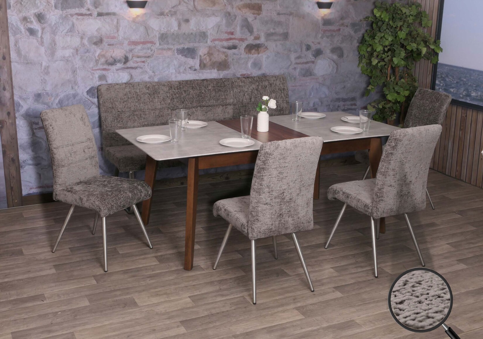 Esszimmer-Set MCW-G55, 4er-Set Stuhl + Sitzbank 180cm, Edelstahl gebürstet Stoff/Textil Chenille ~ dunkelgrau