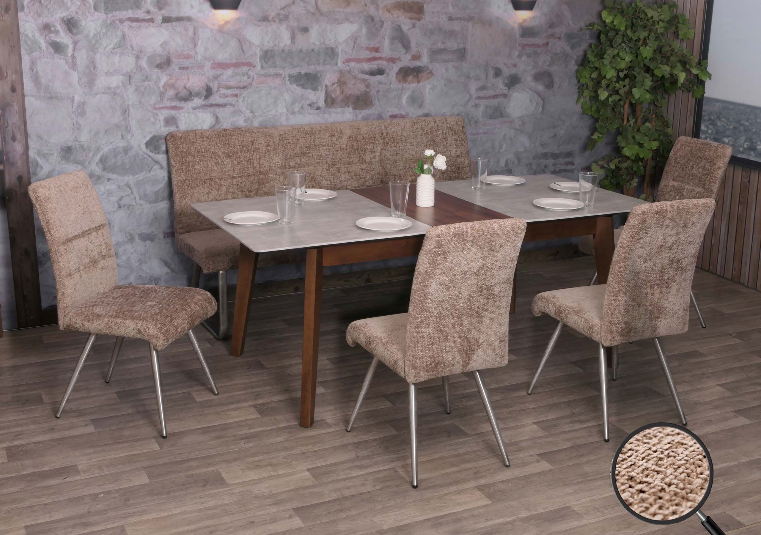 Esszimmer-Set MCW-G55, 4er-Set Stuhl + Sitzbank 180cm, Edelstahl geb&uuml;rstet Stoff/Textil Chenille ~ braun - Bild 1