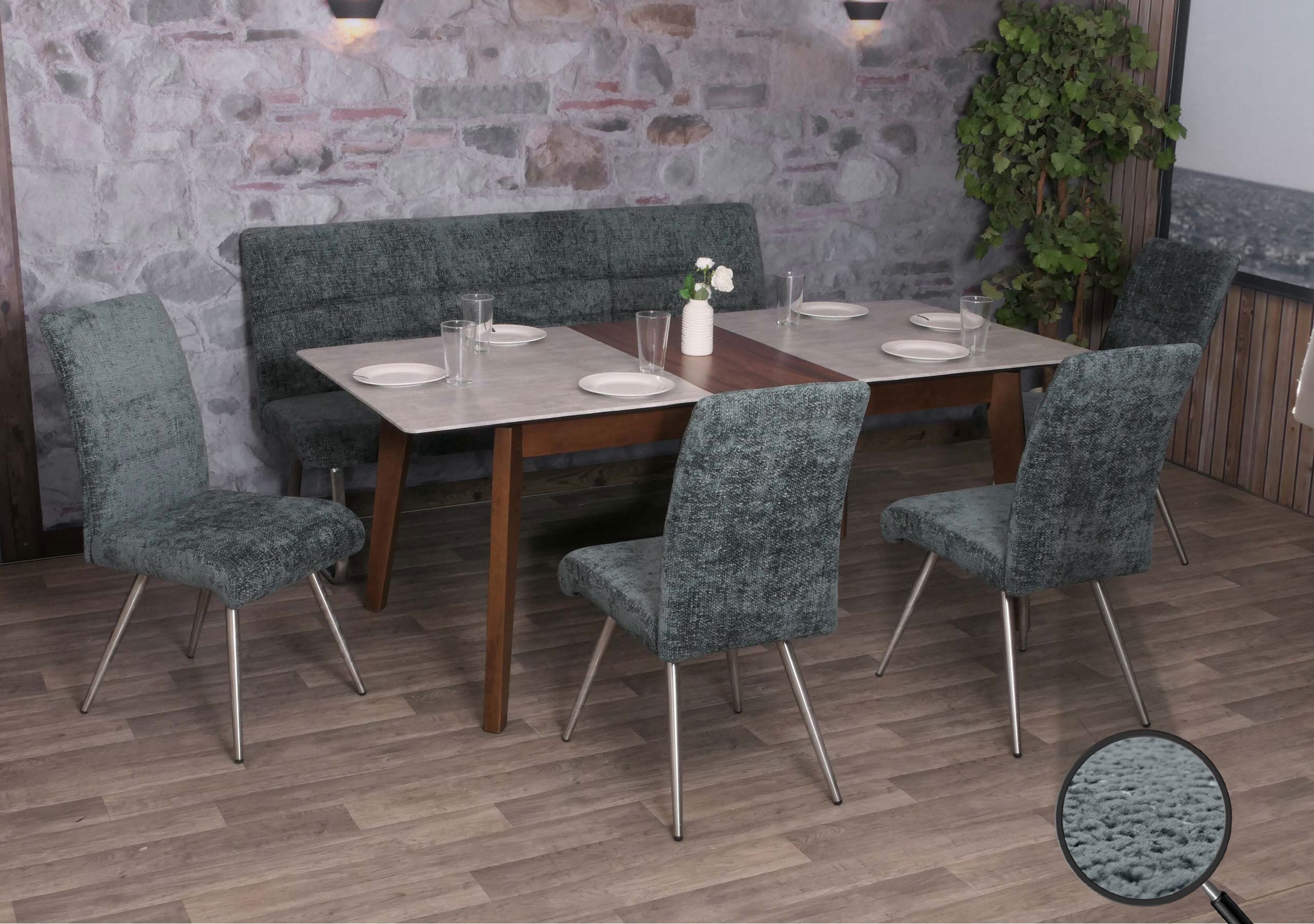 Esszimmer-Set MCW-G55, 4er-Set Stuhl + Sitzbank 180cm, Edelstahl geb&uuml;rstet Stoff/Textil Chenille ~ blau-gr&uuml;n - Bild 1