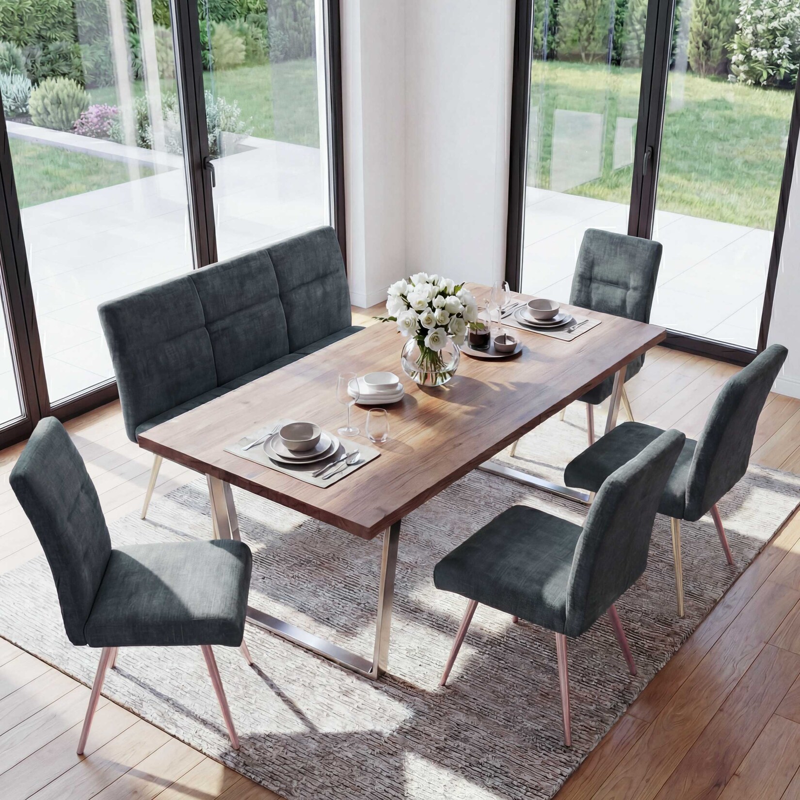Esszimmer-Set MCW-G55, 4er-Set Stuhl + Sitzbank 180cm, Edelstahl gebürstet Stoff/Textil Chenille ~ blau-grün