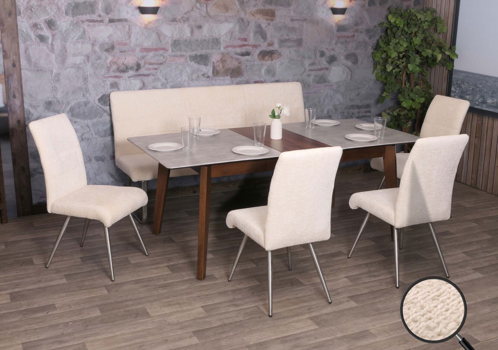 Esszimmer-Set MCW-G55, 4er-Set Stuhl + Sitzbank 180cm, Edelstahl gebürstet Stoff/Textil Chenille ~ creme