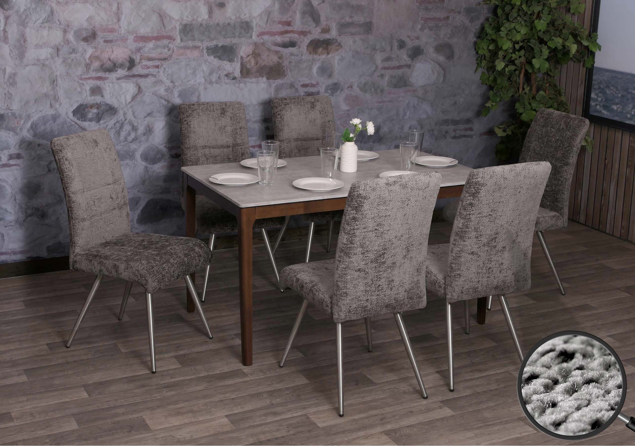 6er-Set Esszimmerstuhl MCW-G55, K&uuml;chenstuhl Lehnstuhl, Edelstahl geb&uuml;rstet Stoff/Textil Chenille &Ouml;ko-Tex ~ dunkelgrau - Bild 1