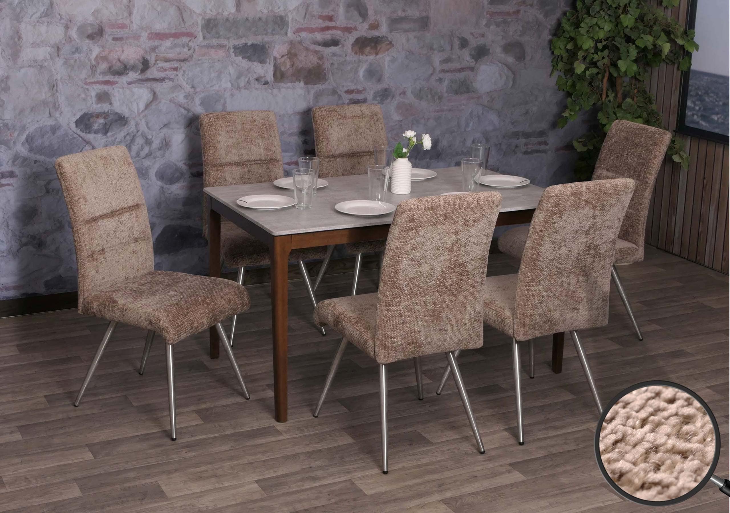 6er-Set Esszimmerstuhl MCW-G55, K&uuml;chenstuhl Lehnstuhl, Edelstahl geb&uuml;rstet Stoff/Textil Chenille &Ouml;ko-Tex ~ braun - Bild 1