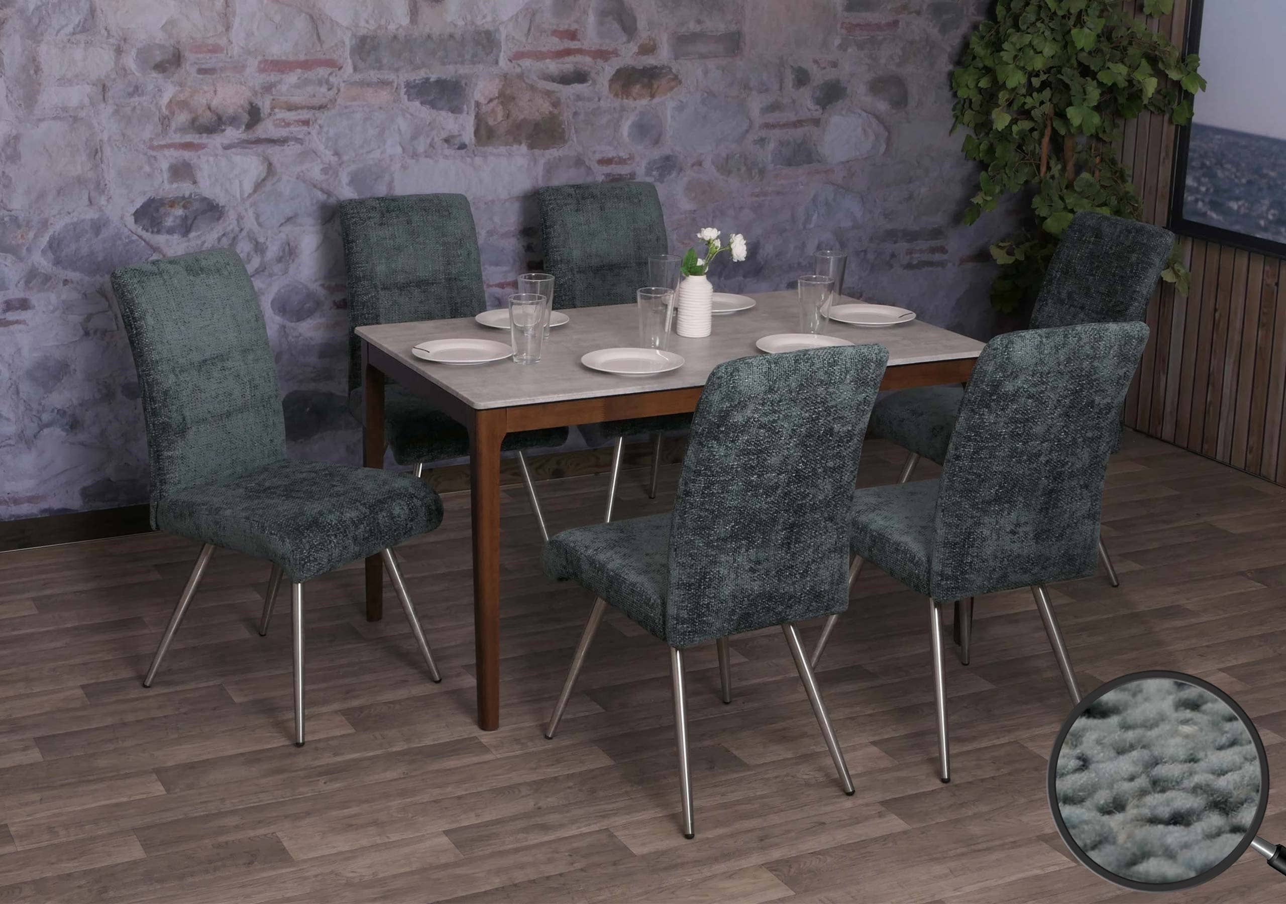 6er-Set Esszimmerstuhl MCW-G55, K&uuml;chenstuhl Lehnstuhl, Edelstahl geb&uuml;rstet Stoff/Textil Chenille &Ouml;ko-Tex ~ blau-gr&uuml;n - Bild 1