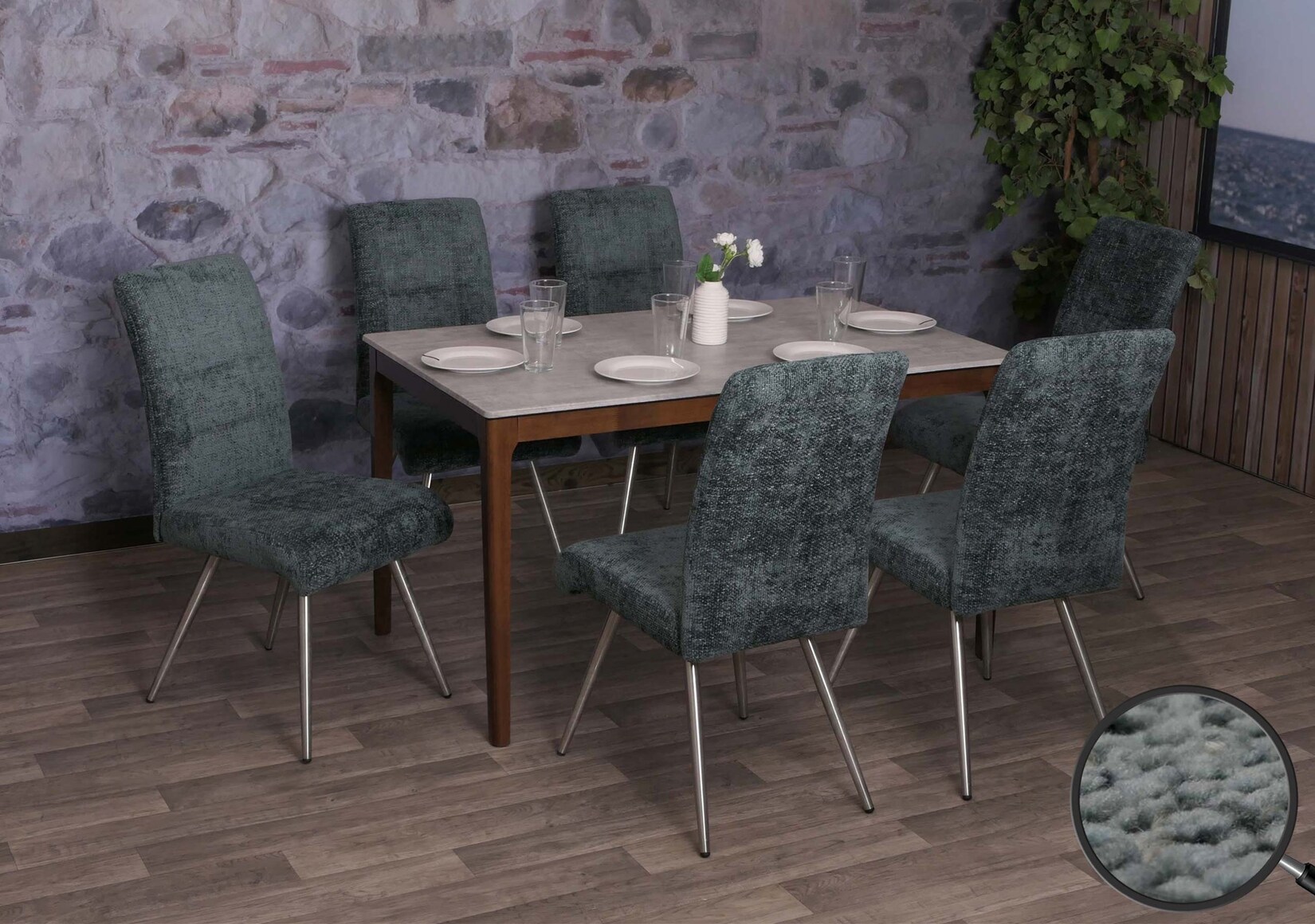 6er-Set Esszimmerstuhl MCW-G55, Küchenstuhl Lehnstuhl, Edelstahl gebürstet Stoff/Textil Chenille Öko-Tex ~ blau-grün