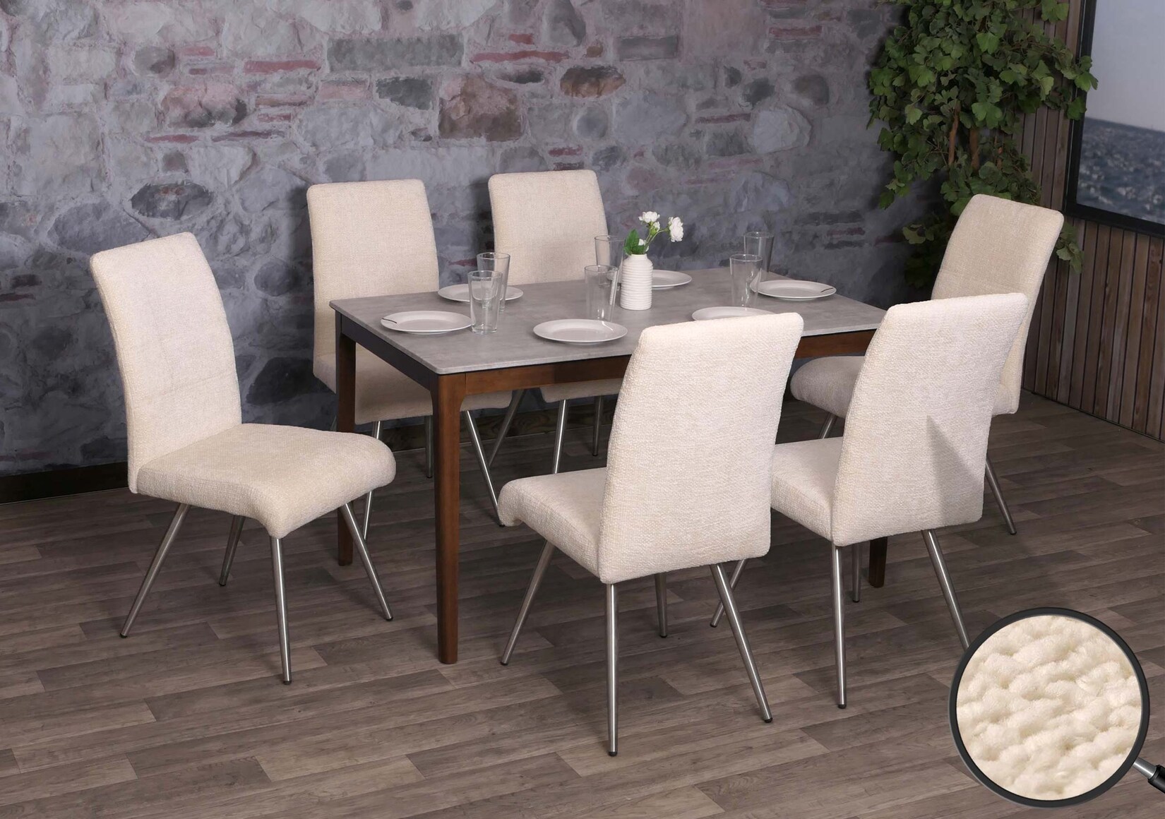 6er-Set Esszimmerstuhl MCW-G55, Küchenstuhl Lehnstuhl, Edelstahl gebürstet Stoff/Textil Chenille Öko-Tex ~ creme