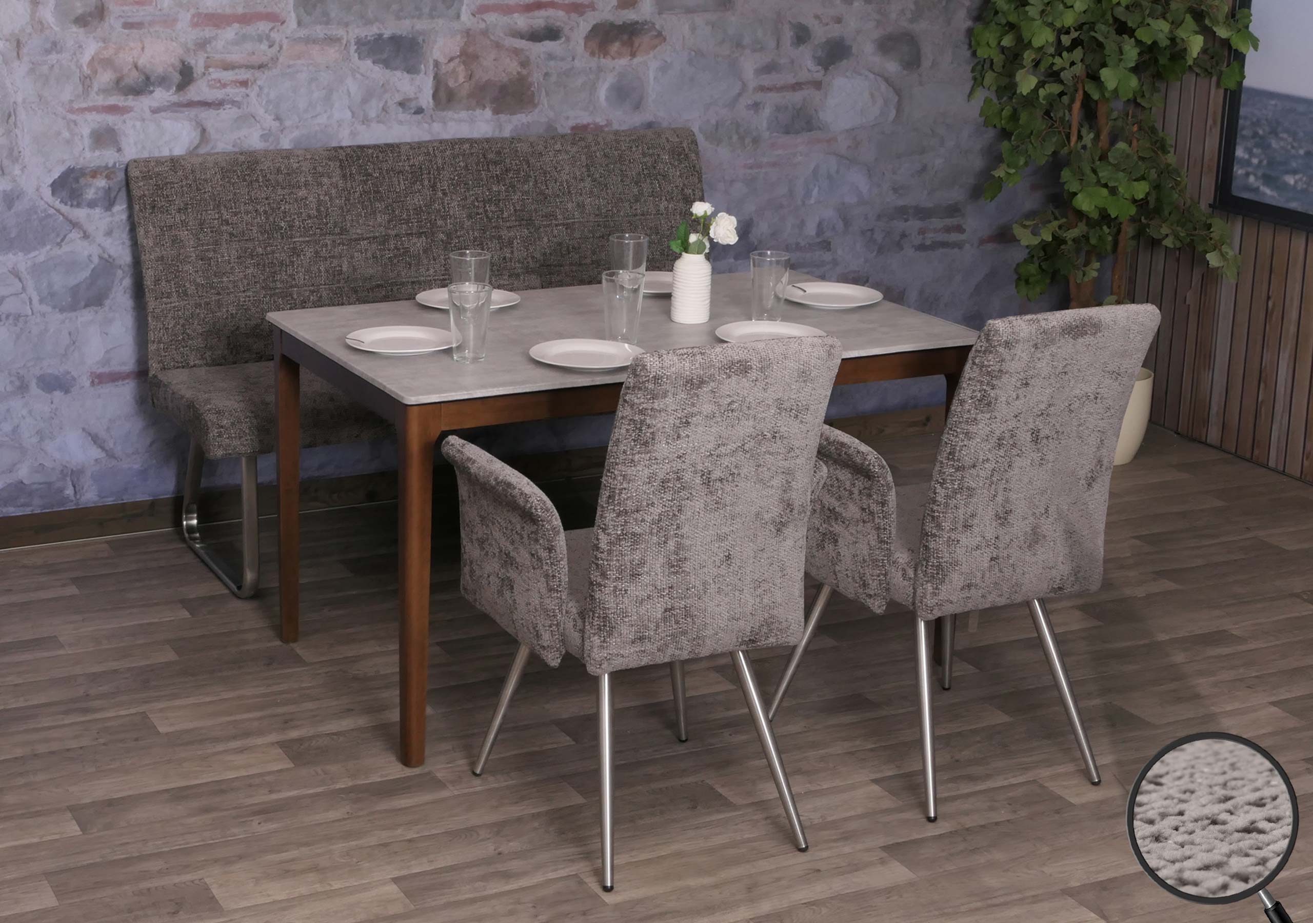 Esszimmer-Set MCW-G55, 2er-Set Stuhl mit Armlehne+Sitzbank 160cm, Edelstahl geb&uuml;rstet Stoff/Textil Chenille ~ dunkelgrau - Bild 1