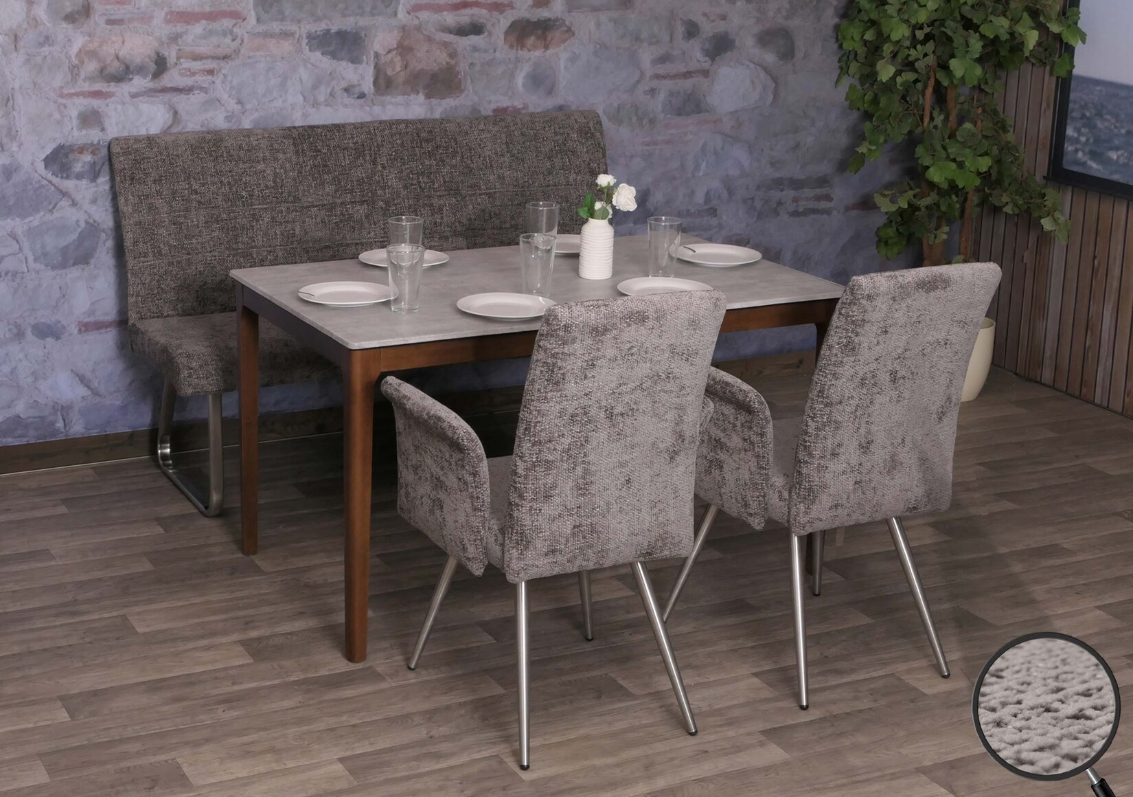 Esszimmer-Set MCW-G55, 2er-Set Stuhl mit Armlehne+Sitzbank 160cm, Edelstahl gebürstet Stoff/Textil Chenille ~ dunkelgrau