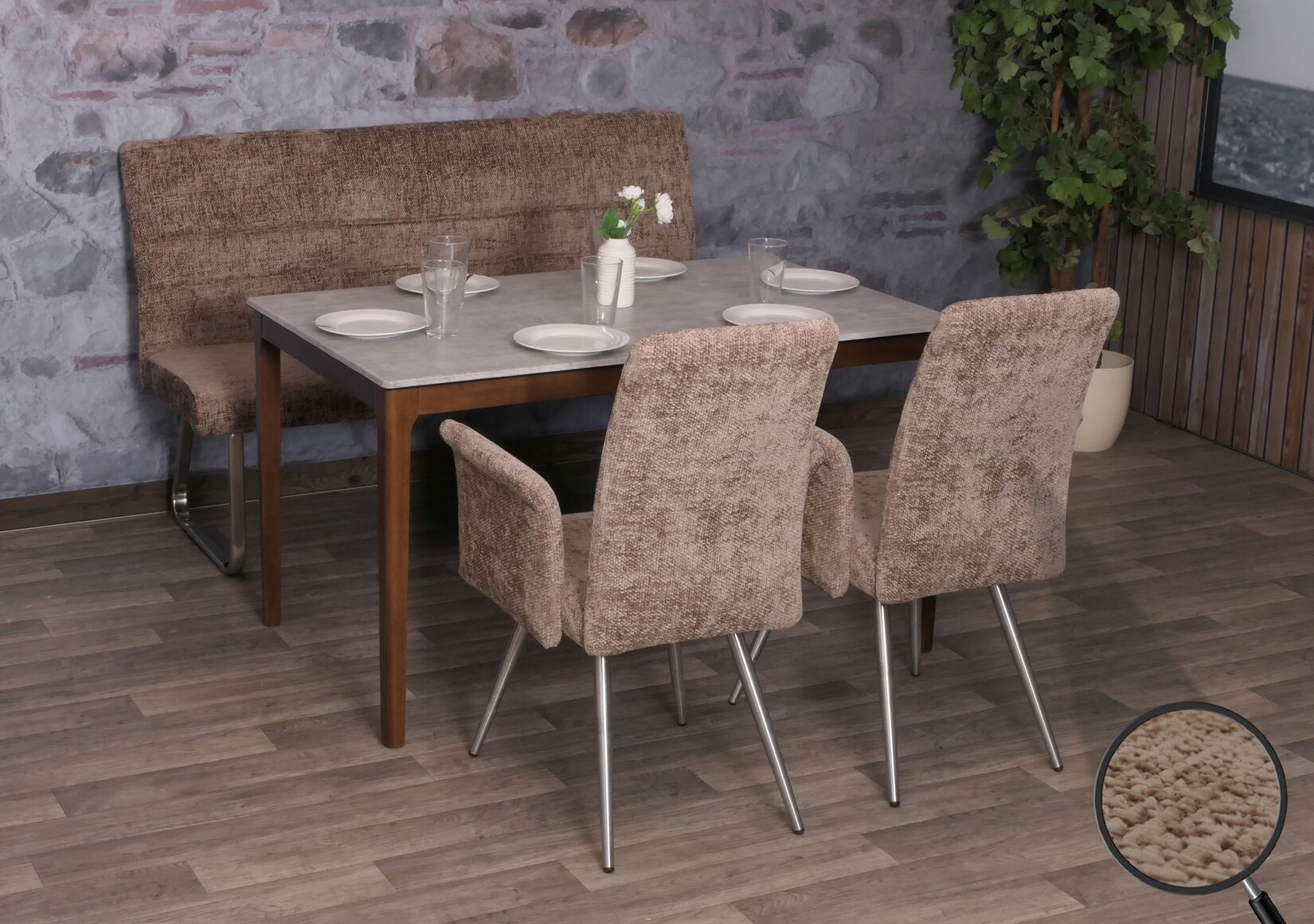 Esszimmer-Set MCW-G55, 2er-Set Stuhl mit Armlehne+Sitzbank 160cm, Edelstahl gebürstet Stoff/Textil Chenille ~ braun