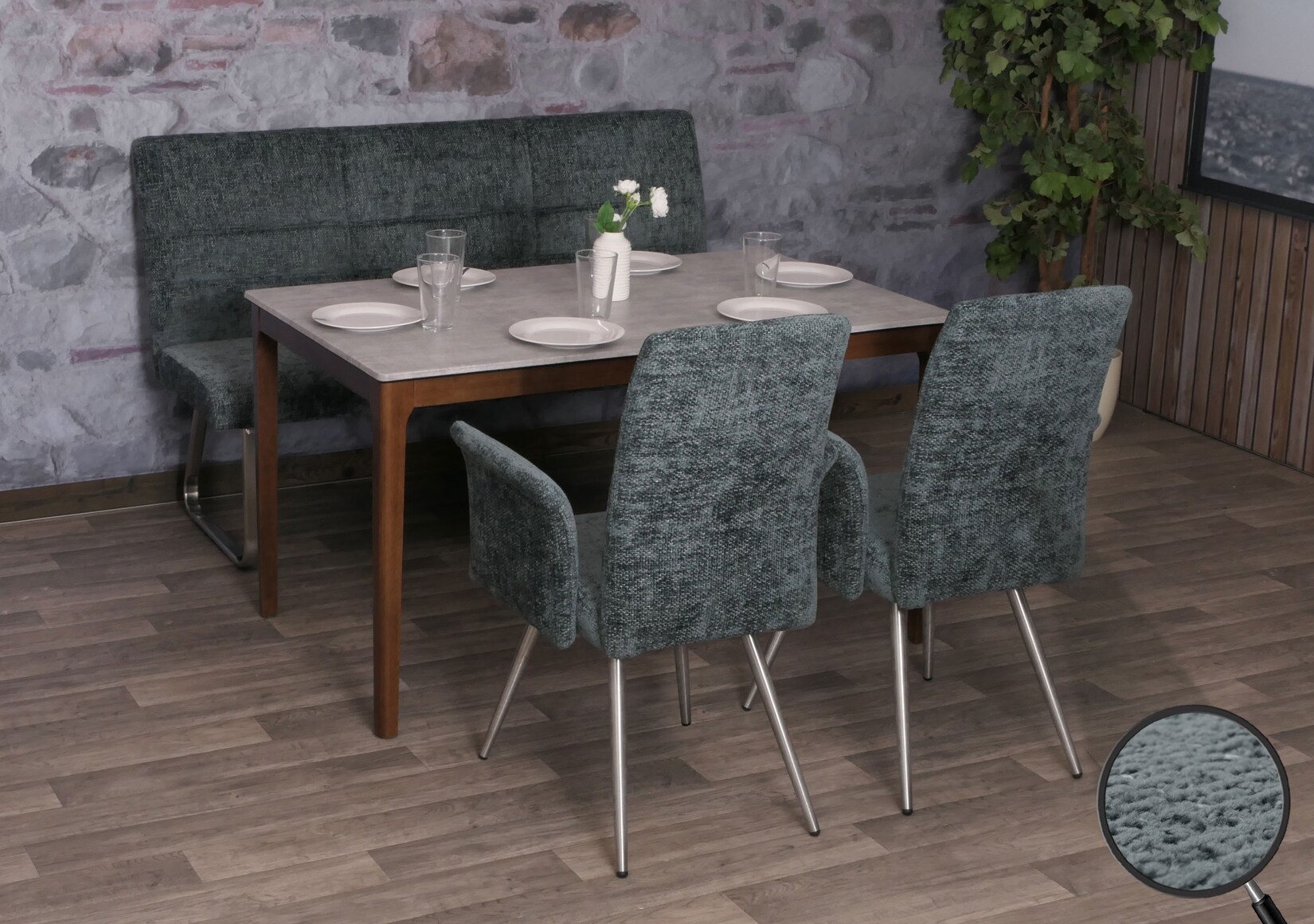 Esszimmer-Set MCW-G55, 2er-Set Stuhl mit Armlehne+Sitzbank 160cm, Edelstahl gebürstet Stoff/Textil Chenille ~ blau-grün