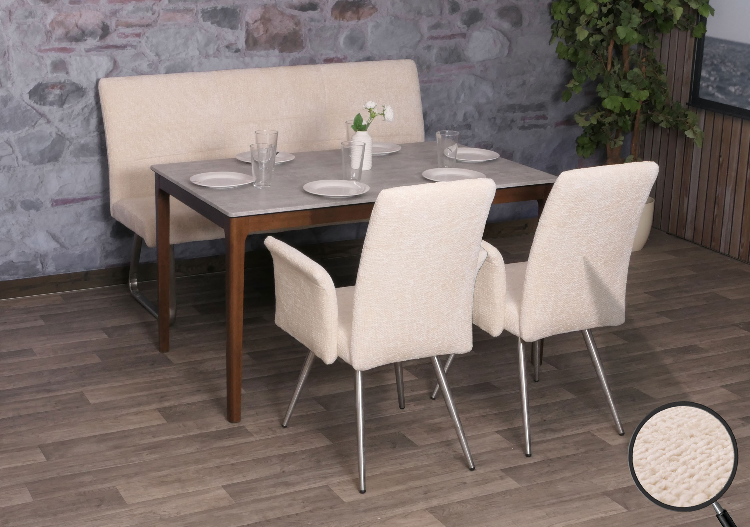 Esszimmer-Set MCW-G55, 2er-Set Stuhl mit Armlehne+Sitzbank 160cm, Edelstahl geb&uuml;rstet Stoff/Textil Chenille ~ creme - Bild 1