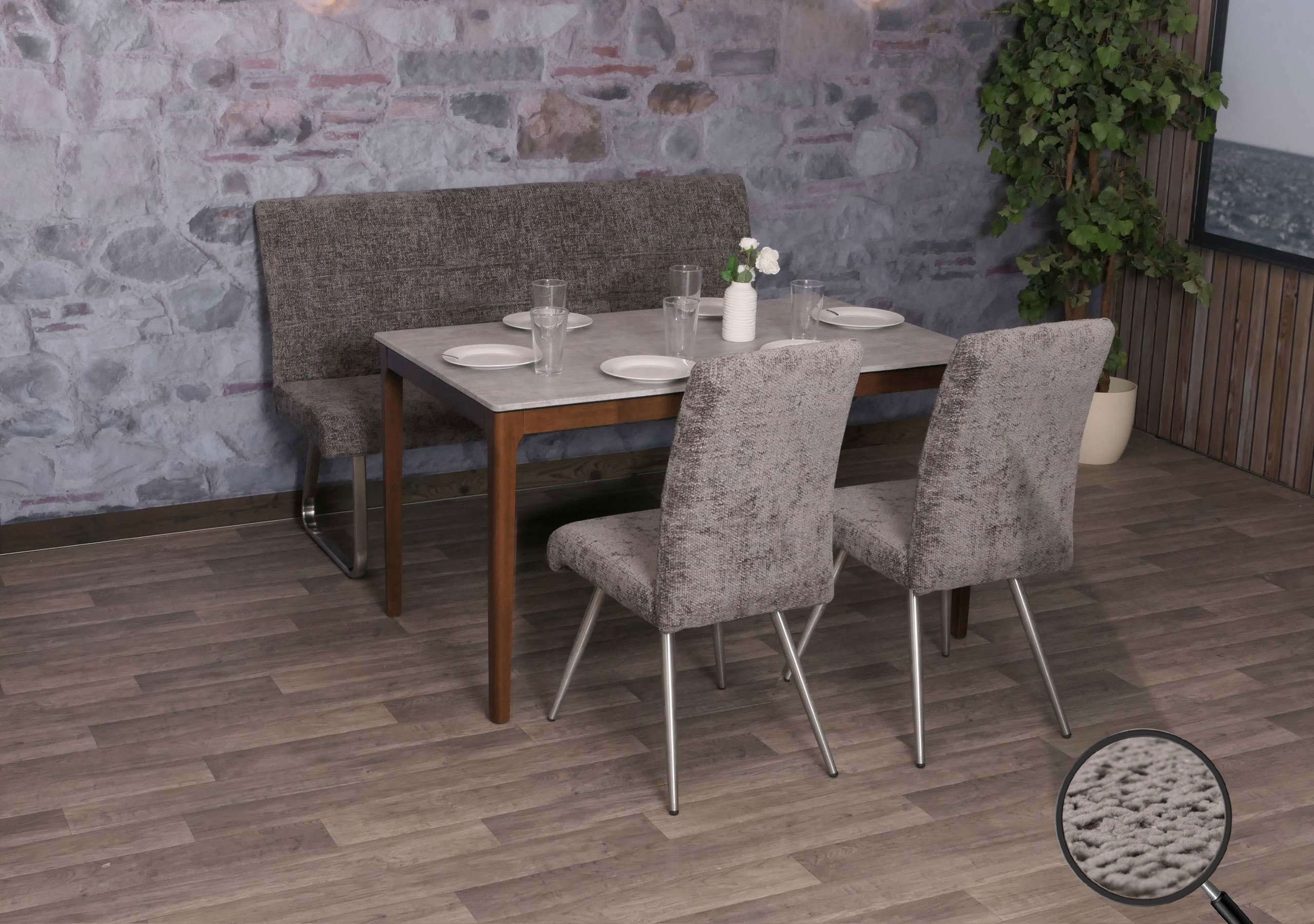 Esszimmer-Set MCW-G55, 2er-Set Stuhl + Sitzbank 160cm, Edelstahl geb&uuml;rstet Stoff/Textil Chenille ~ dunkelgrau - Bild 1