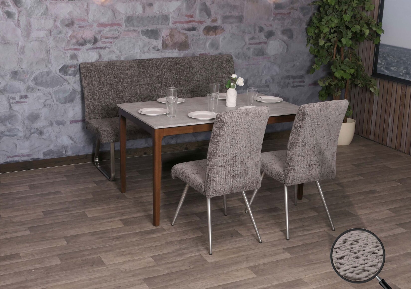 Esszimmer-Set MCW-G55, 2er-Set Stuhl + Sitzbank 160cm, Edelstahl gebürstet Stoff/Textil Chenille ~ dunkelgrau