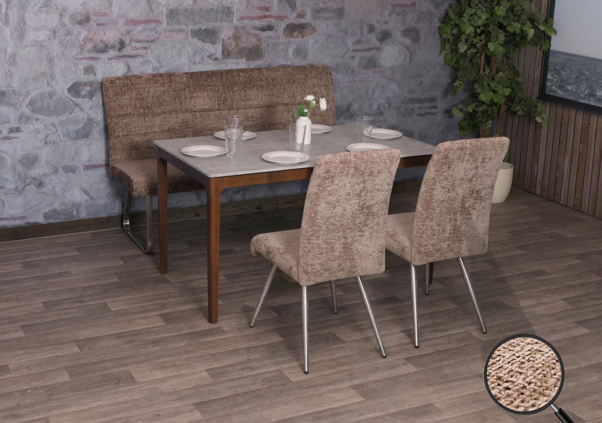 Esszimmer-Set MCW-G55, 2er-Set Stuhl + Sitzbank 160cm, Edelstahl geb&uuml;rstet Stoff/Textil Chenille ~ braun - Bild 1