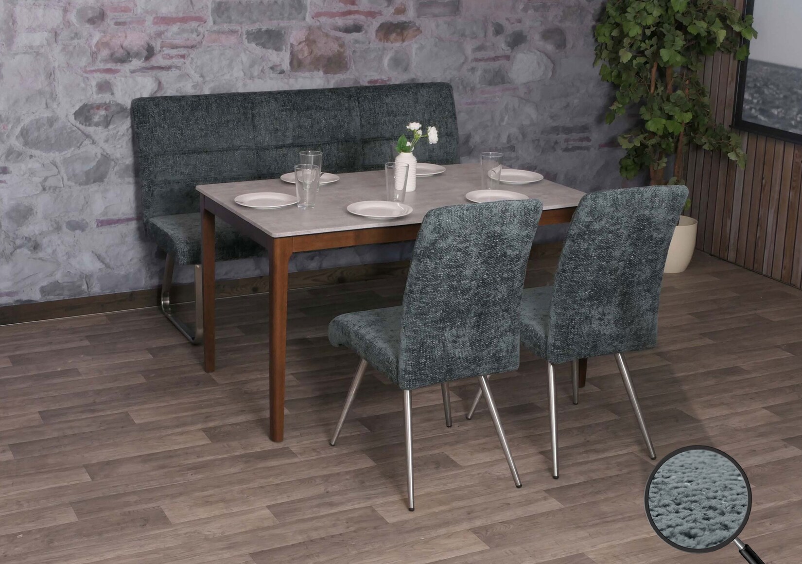 Esszimmer-Set MCW-G55, 2er-Set Stuhl + Sitzbank 160cm, Edelstahl gebürstet Stoff/Textil Chenille ~ blau-grün