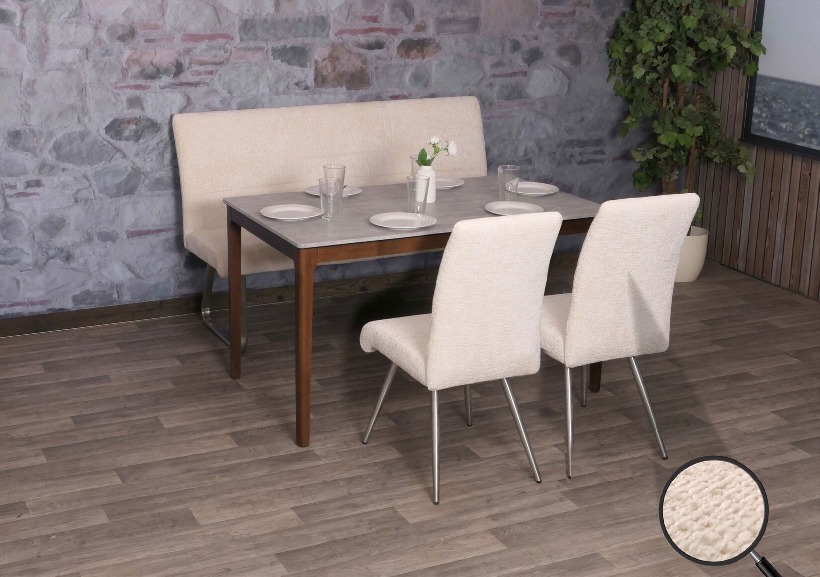 Esszimmer-Set MCW-G55, 2er-Set Stuhl + Sitzbank 160cm, Edelstahl gebürstet Stoff/Textil Chenille ~ creme