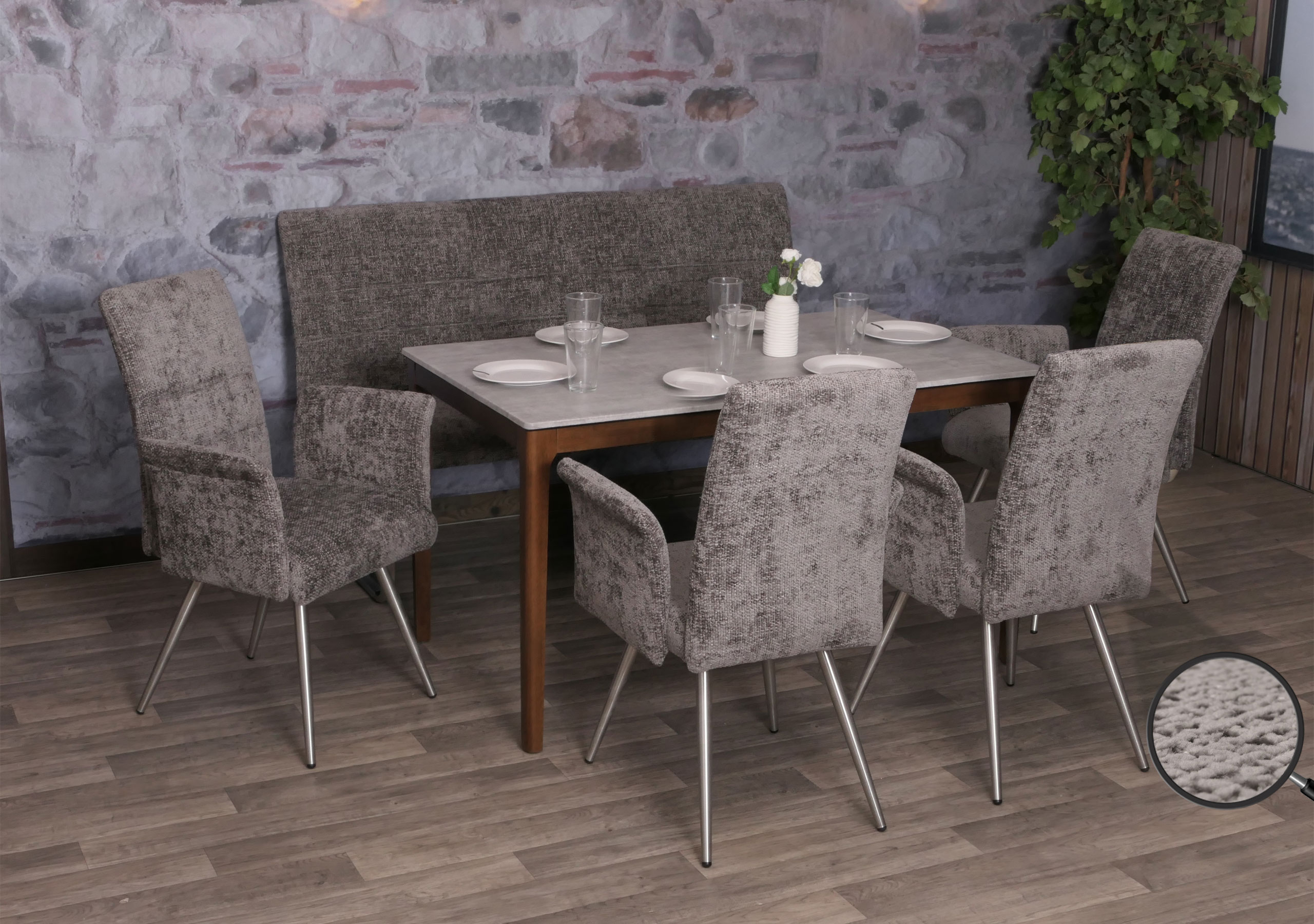 Esszimmer-Set MCW-G55, 4er-Set Stuhl mit Armlehne+Sitzbank 160cm, Edelstahl geb&uuml;rstet Stoff/Textil Chenille ~ dunkelgrau - Bild 1