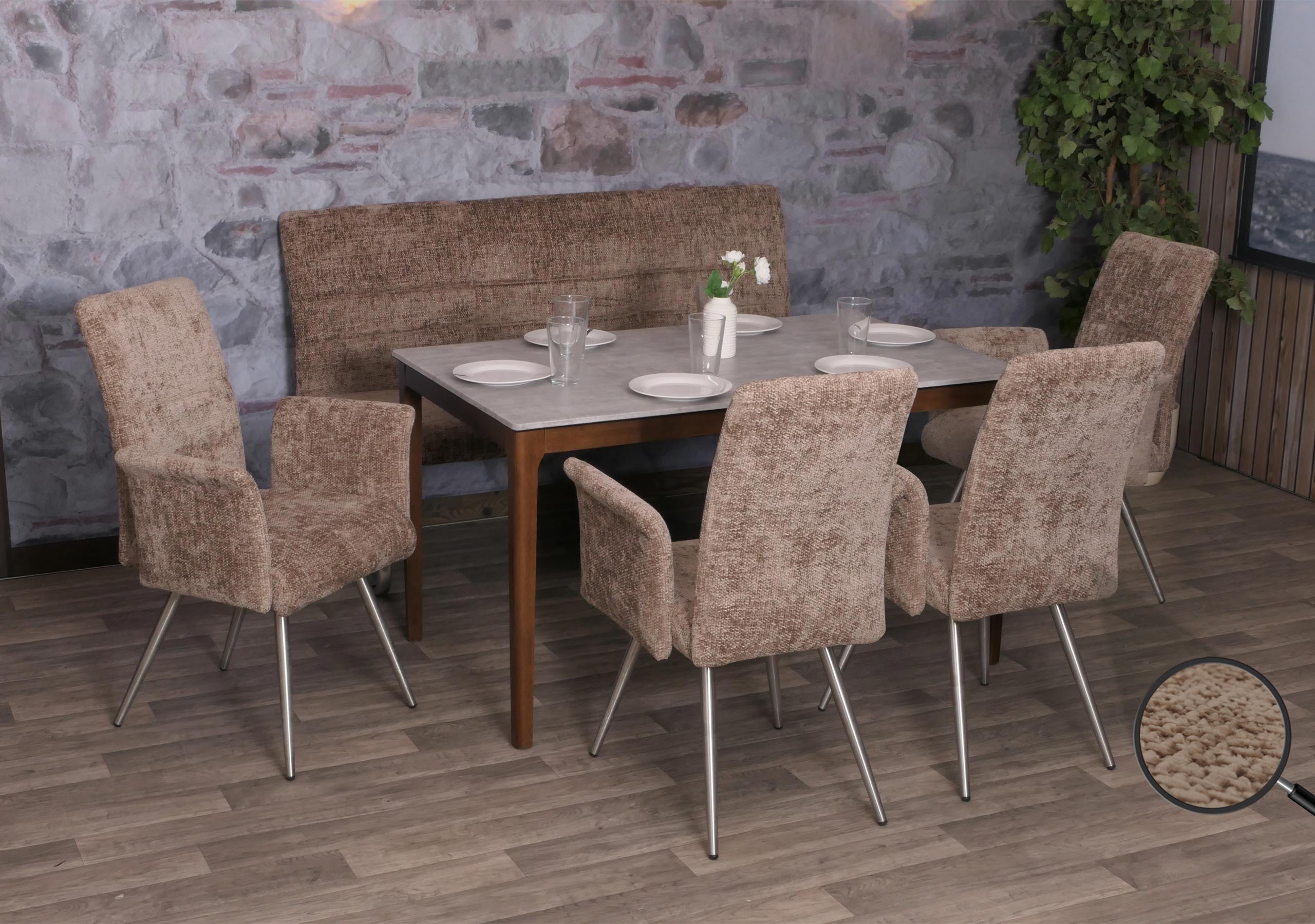Esszimmer-Set MCW-G55, 4er-Set Stuhl mit Armlehne+Sitzbank 160cm, Edelstahl geb&uuml;rstet Stoff/Textil Chenille ~ braun - Bild 1