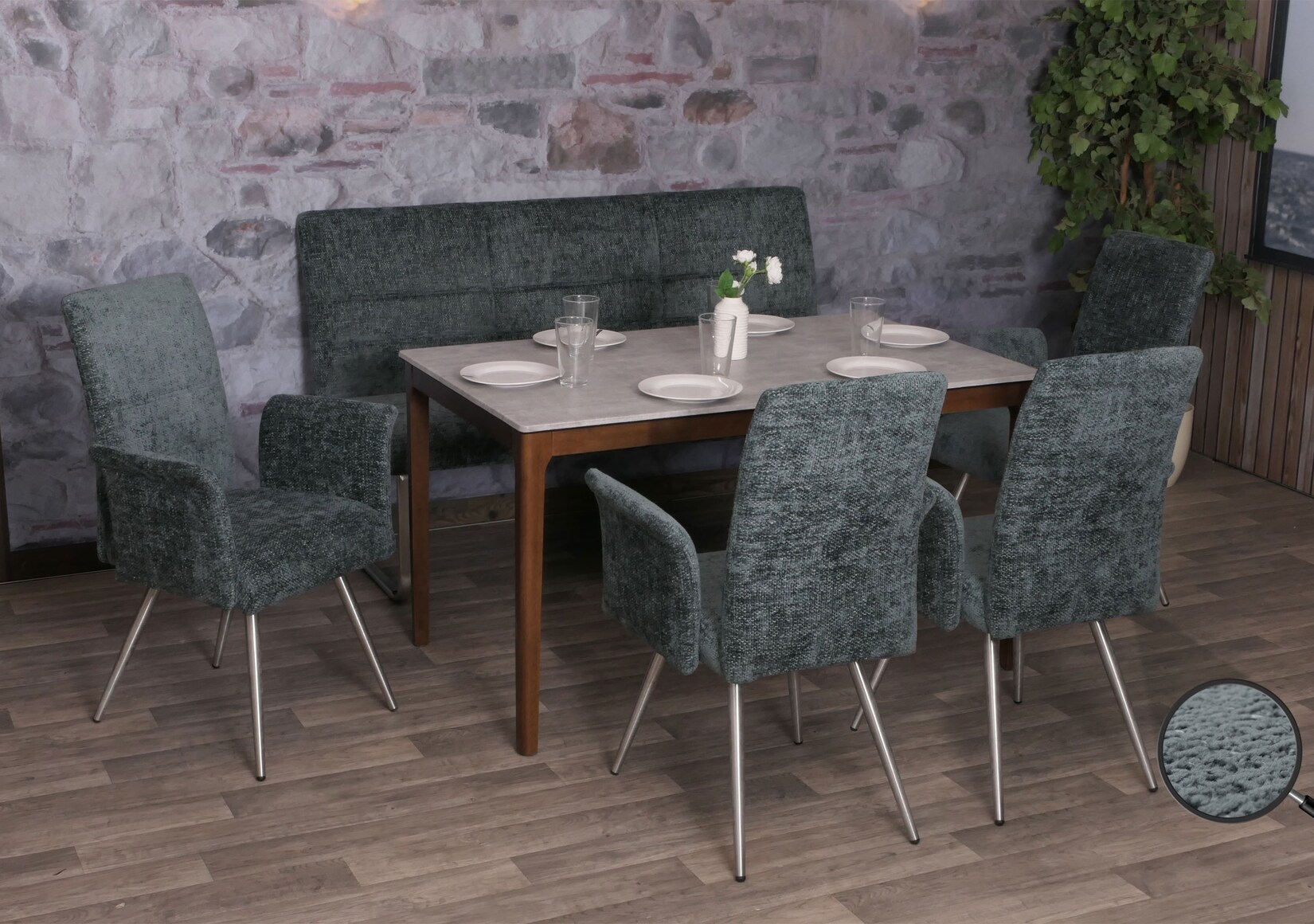 Esszimmer-Set MCW-G55, 4er-Set Stuhl mit Armlehne+Sitzbank 160cm, Edelstahl gebürstet Stoff/Textil Chenille ~ blau-grün
