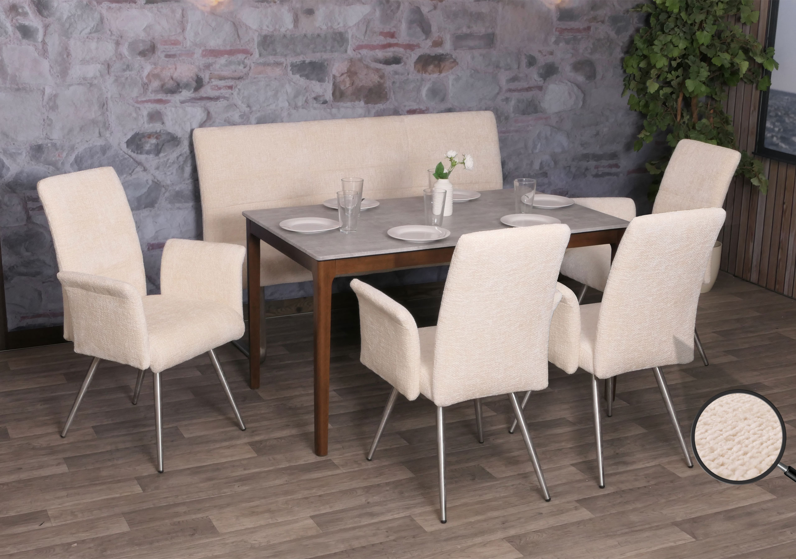Esszimmer-Set MCW-G55, 4er-Set Stuhl mit Armlehne+Sitzbank 160cm, Edelstahl geb&uuml;rstet Stoff/Textil Chenille ~ creme - Bild 1