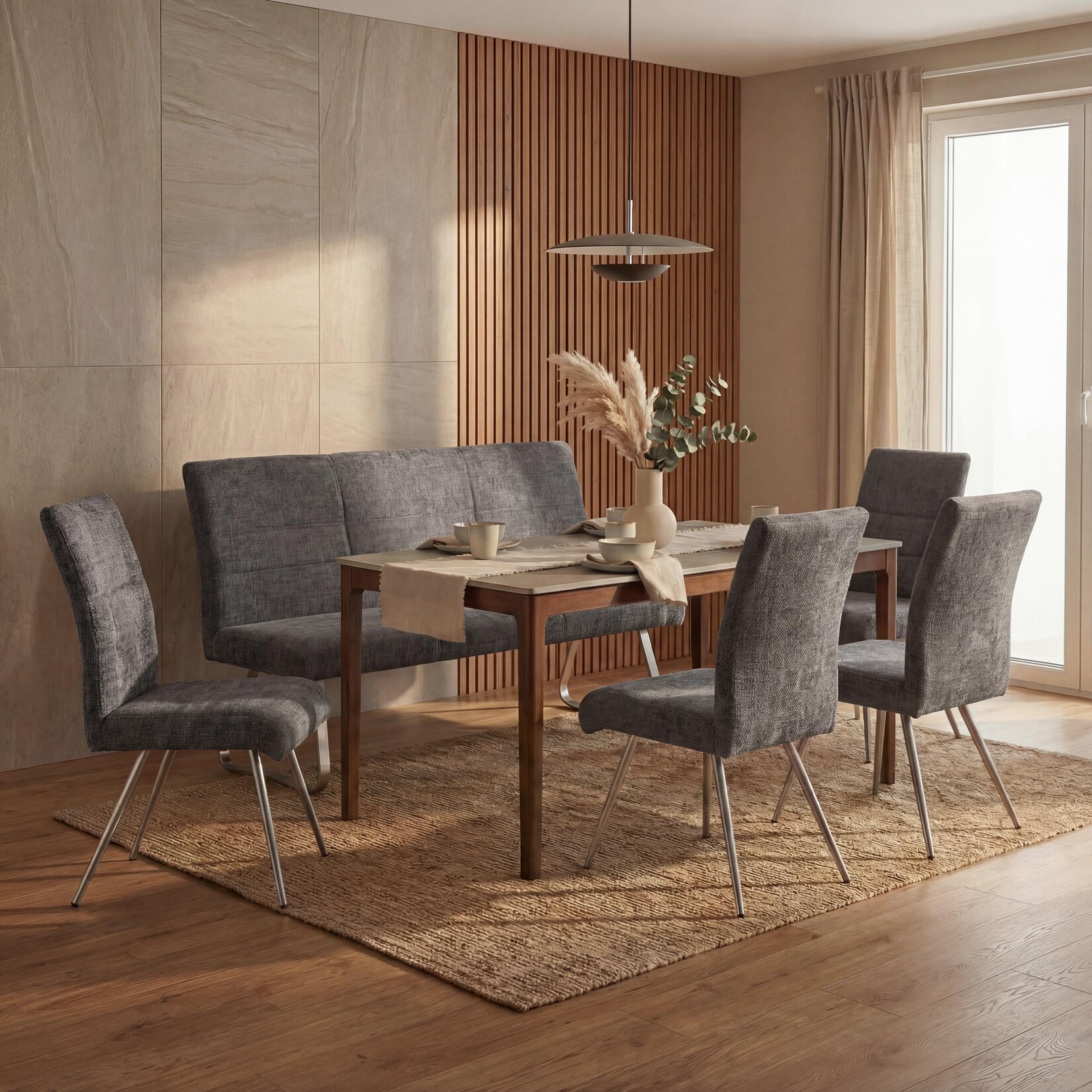 Esszimmer-Set MCW-G55, 4er-Set Stuhl + Sitzbank 160cm, Edelstahl gebürstet Stoff/Textil Chenille ~ dunkelgrau