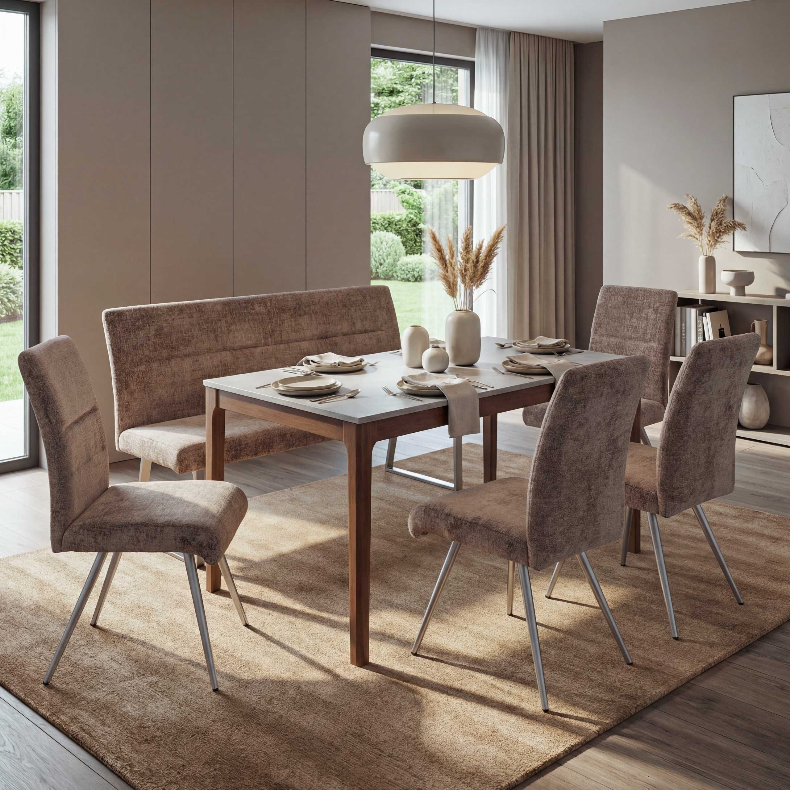 Esszimmer-Set MCW-G55, 4er-Set Stuhl + Sitzbank 160cm, Edelstahl geb&uuml;rstet Stoff/Textil Chenille ~ braun - Bild 1