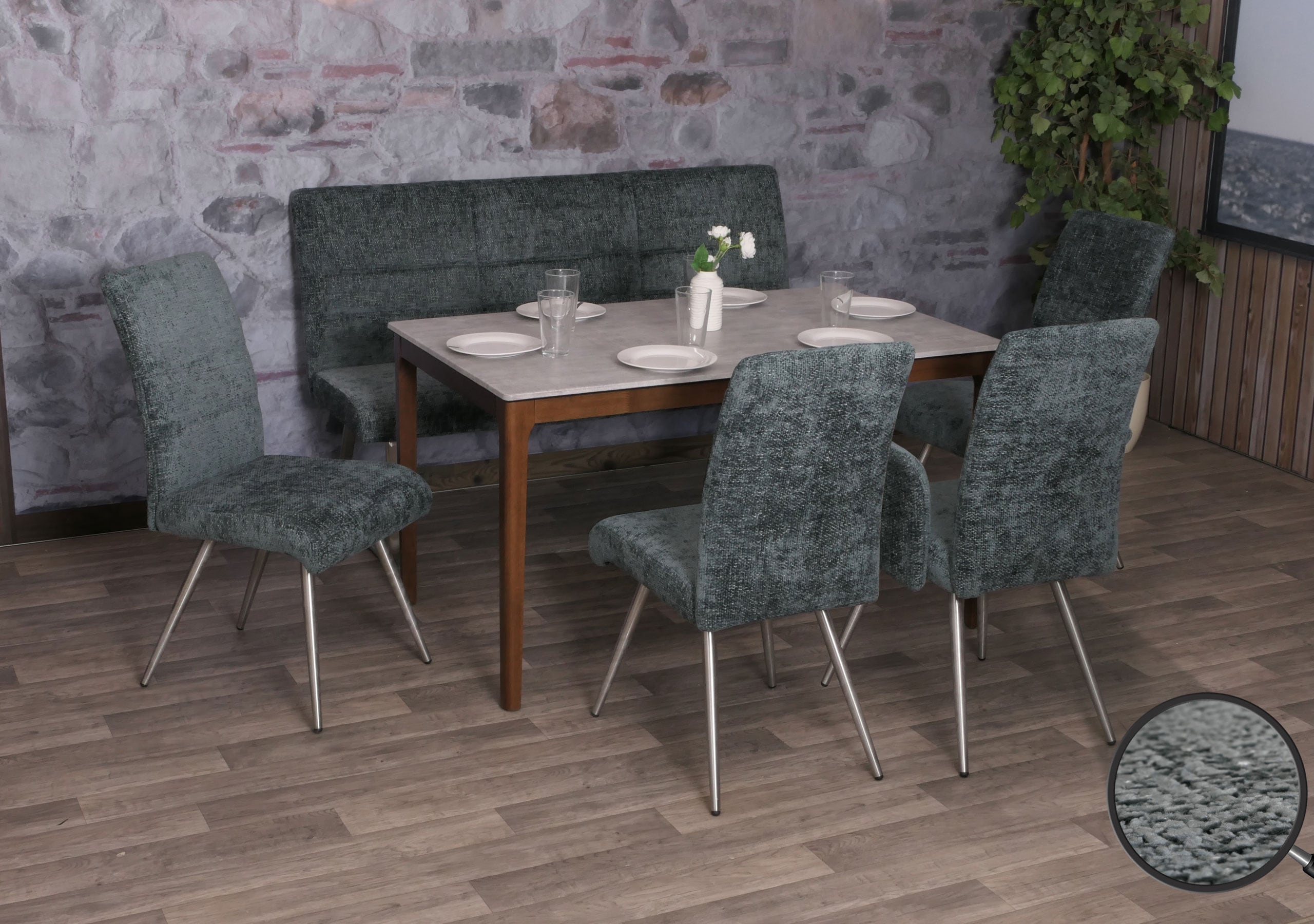 Esszimmer-Set MCW-G55, 4er-Set Stuhl + Sitzbank 160cm, Edelstahl geb&uuml;rstet Stoff/Textil Chenille ~ blau-gr&uuml;n - Bild 1