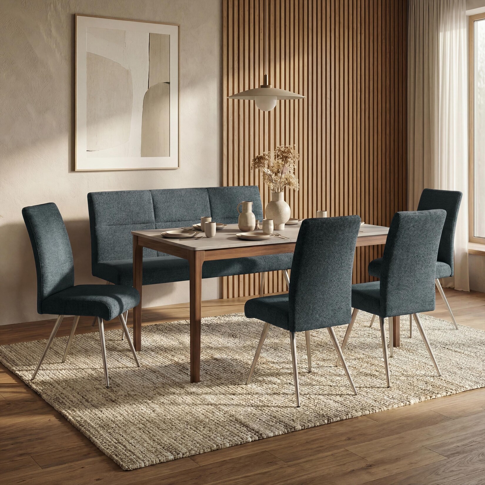 Esszimmer-Set MCW-G55, 4er-Set Stuhl + Sitzbank 160cm, Edelstahl gebürstet Stoff/Textil Chenille ~ blau-grün
