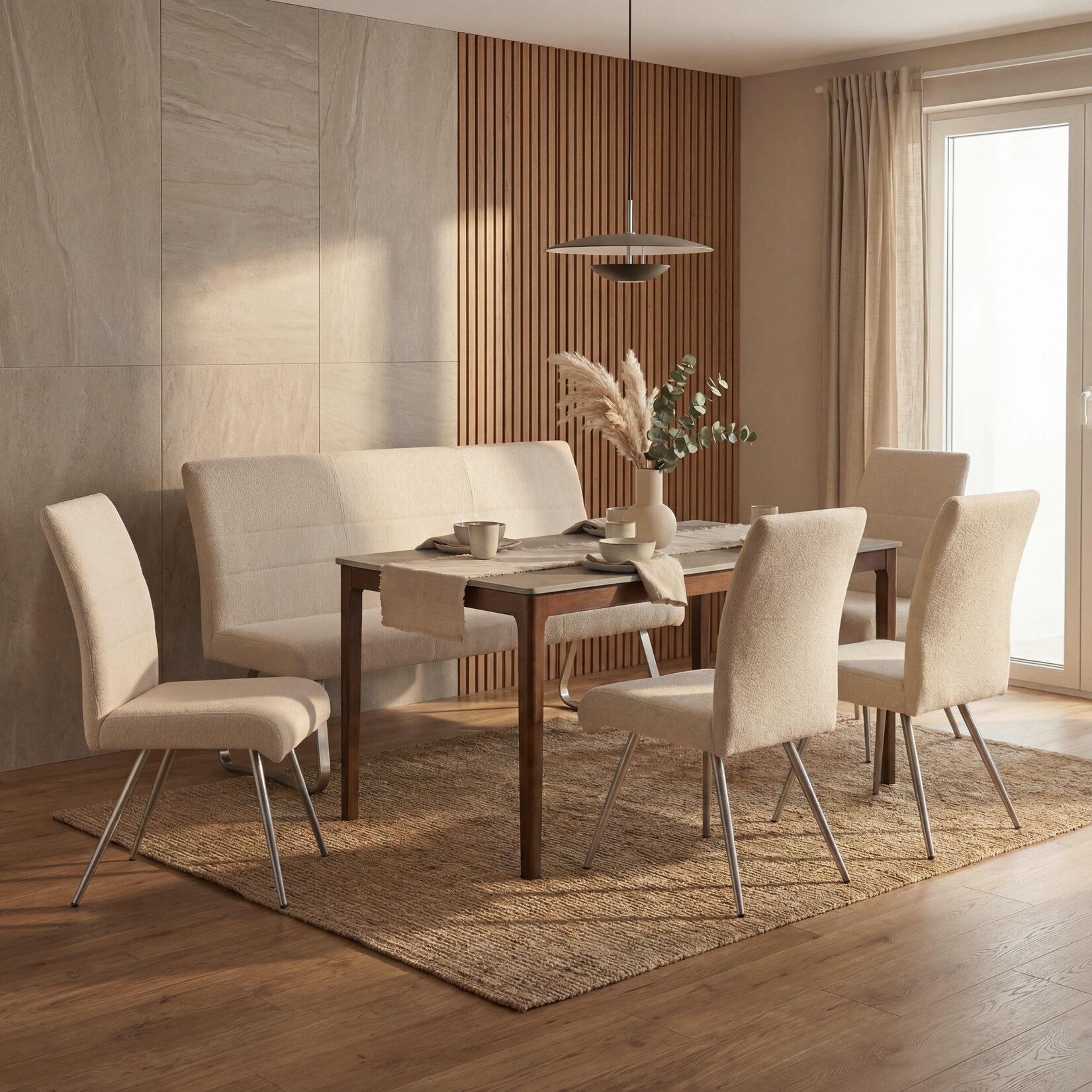 Esszimmer-Set MCW-G55, 4er-Set Stuhl + Sitzbank 160cm, Edelstahl gebürstet Stoff/Textil Chenille ~ creme