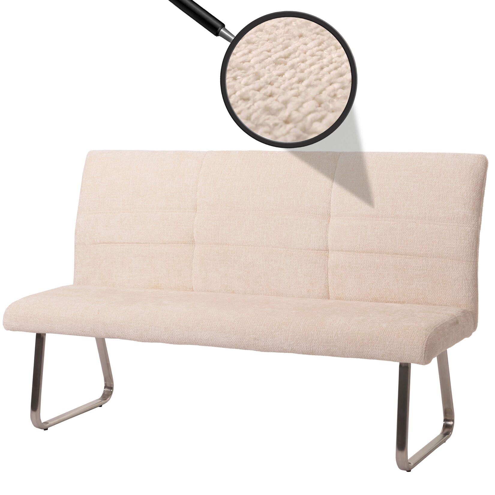 Sitzbank MCW-G55, Esszimmerbank Bank, Edelstahl gebürstet Stoff/Textil Chenille Öko-Tex, 160cm ~ creme