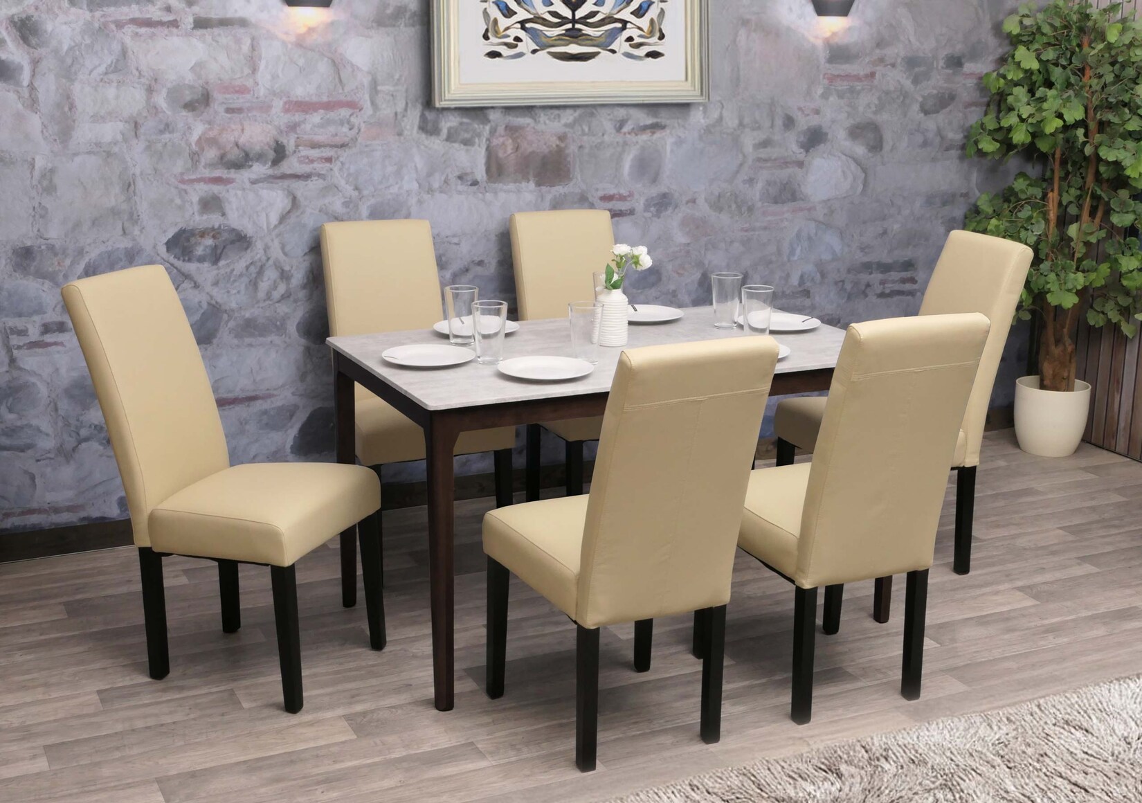 6er-Set Esszimmerstuhl MCW-N66, Stuhl Küchenstuhl Lehnstuhl Massivholz Kunstleder ~ creme, schwarze Beine | 04057651691053